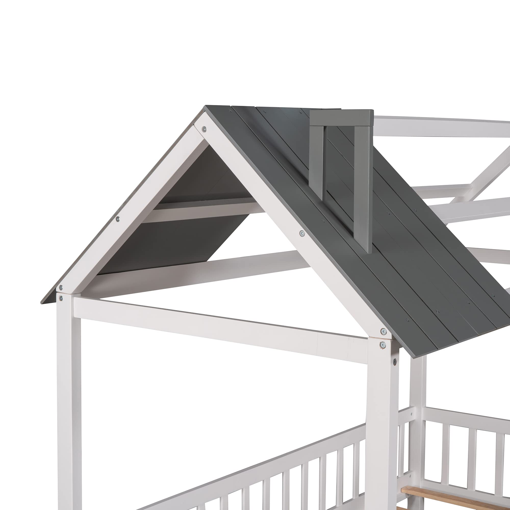 Bellemave Twin House Bed for Kids - Montessori Playhouse Bed Tent with Solid Wood Frame, Safety Fence & Roof - Perfect for Boys & Girls Bedroom (White+Gray) | Ideal for Playtime, Naptime & Imaginative Play