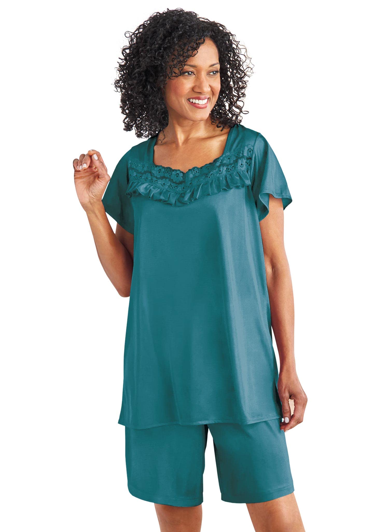 AmeriMark Women's Silky Tricot Shorty Pajama Set - Lace Trim Sleepwear Shorts & Top for Lounge, Vacation & Summer Nights