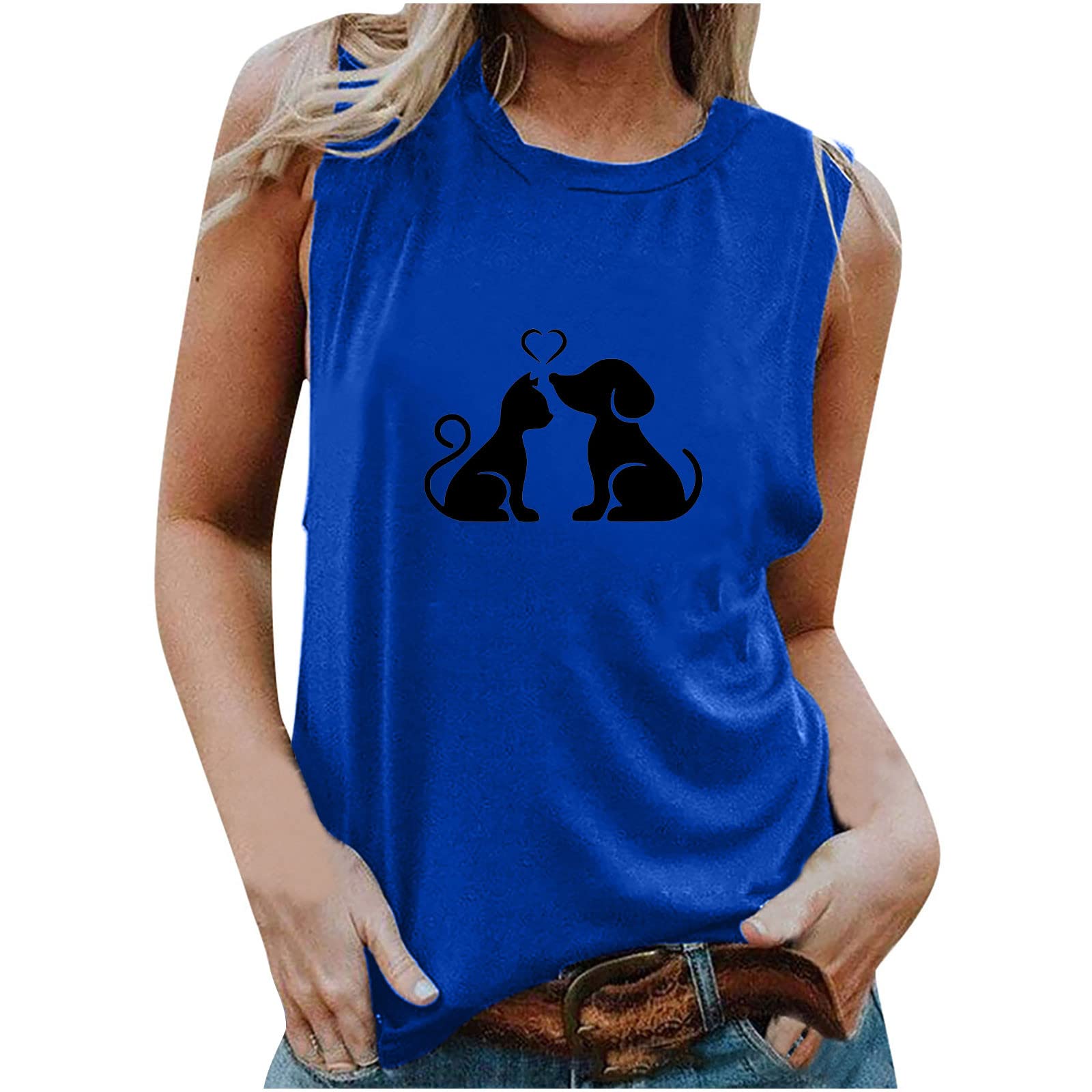 Trendy Women's Graphic Tunic Tank Top - Round Neck Dog Print Sleeveless Blouse for Casual Wear & Summer Outfits | Perfect for Beach, Parties, and Everyday Fashion