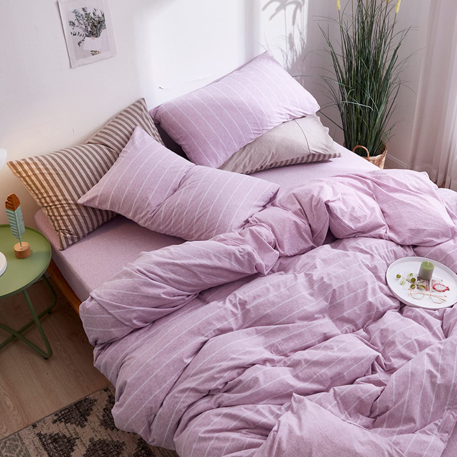 Queen Size Cotton Bed Sheets Set - 4 Piece Striped Knitted Bedding with 2.0M Fitted Sheet | Soft Breathable Tianzhu Cotton for Comfortable Sleep | Perfect for Master Bedroom, Guest Room & Vacation Homes