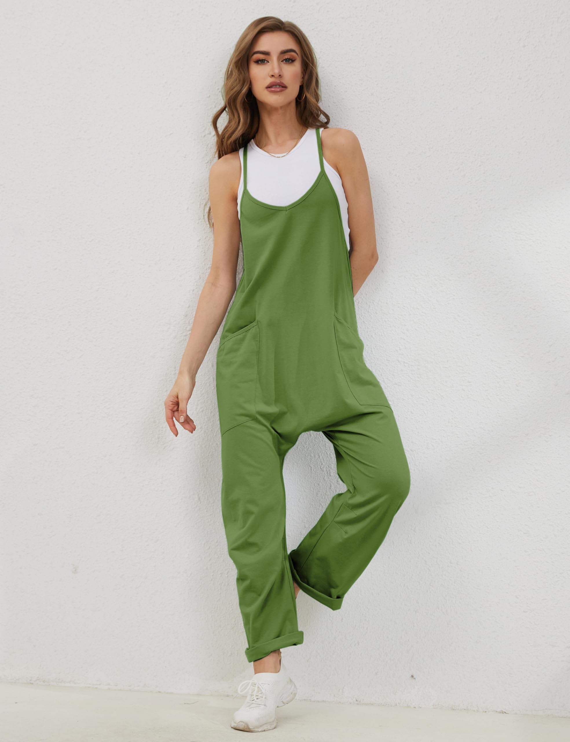Lentta Women's Casual Jumpsuit - V Neck Sleeveless Harem Overalls with Pockets, Stretchy Adjustable Strap Romper for Summer Outfits & Beach Wear