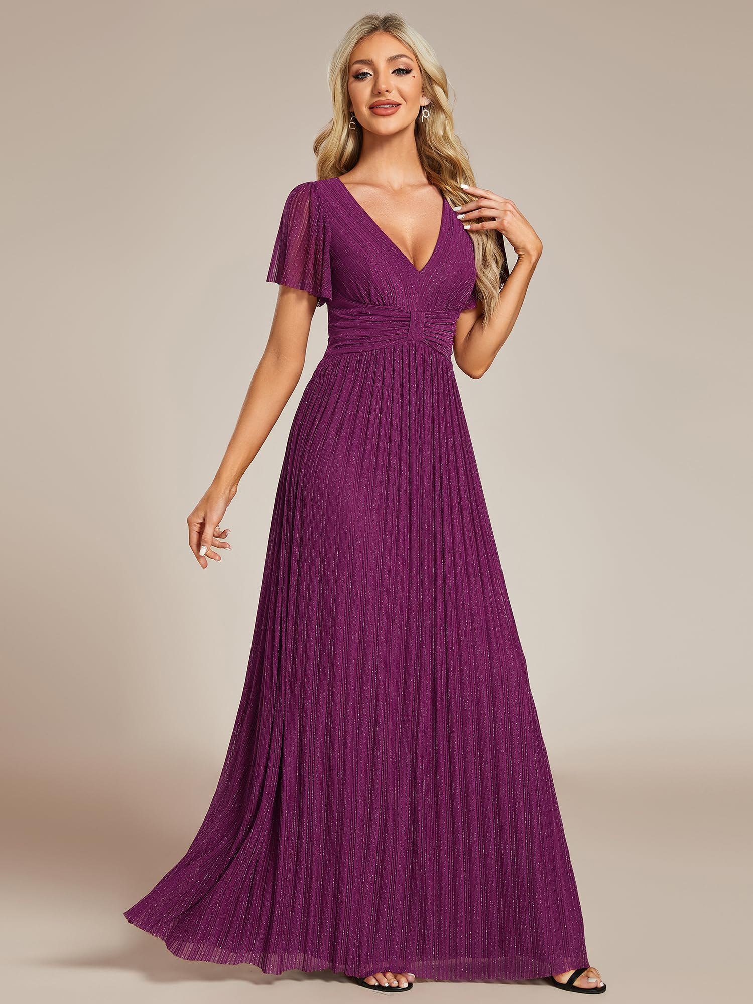 Ever-Pretty Women's Glitter V-Neck Pleated Short Sleeve Wedding Guest Dress - Summer Evening Party Mother of the Bride Dress 11961 | Perfect for Garden Weddings, Cocktail Parties & Formal Occasions