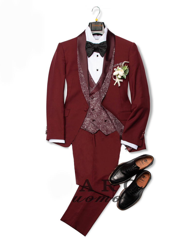 Burgundy Groomsmen Suit Set for Wedding - 3 Piece Tuxedo with Vest & Pants for Groom & Party | Formal Occasions, Prom, Evening Events