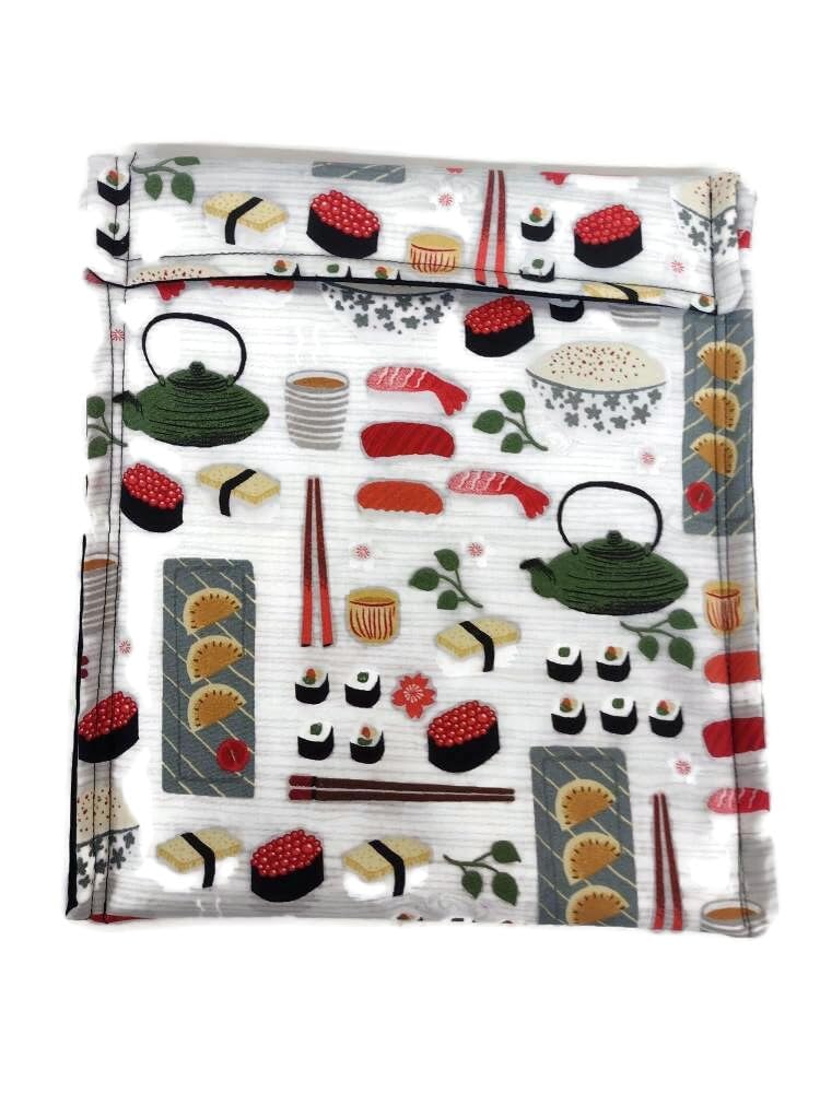 Microwave Potato Cooking Bag - Reusable Cotton Baked Potato Pouch with Sushi Roll Fabric Print for Easy & Fast Potato Cooking at Home, Camping, or Picnics