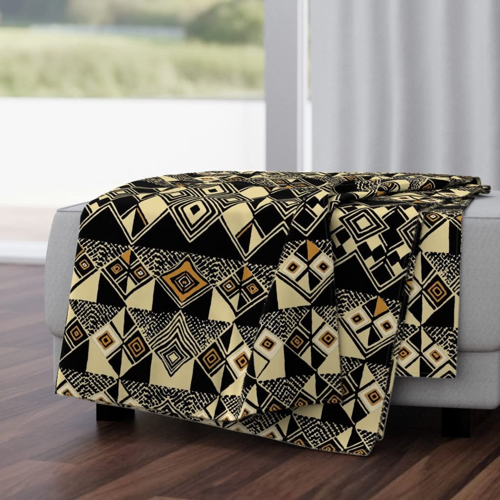 Soft Plush Minky Throw Blanket 50x70 Inches - African Mud Cloth Inspired Geometric Tan & Black Folk Art Design | Cozy Couch Blanket for Living Room, Bedroom & Travel