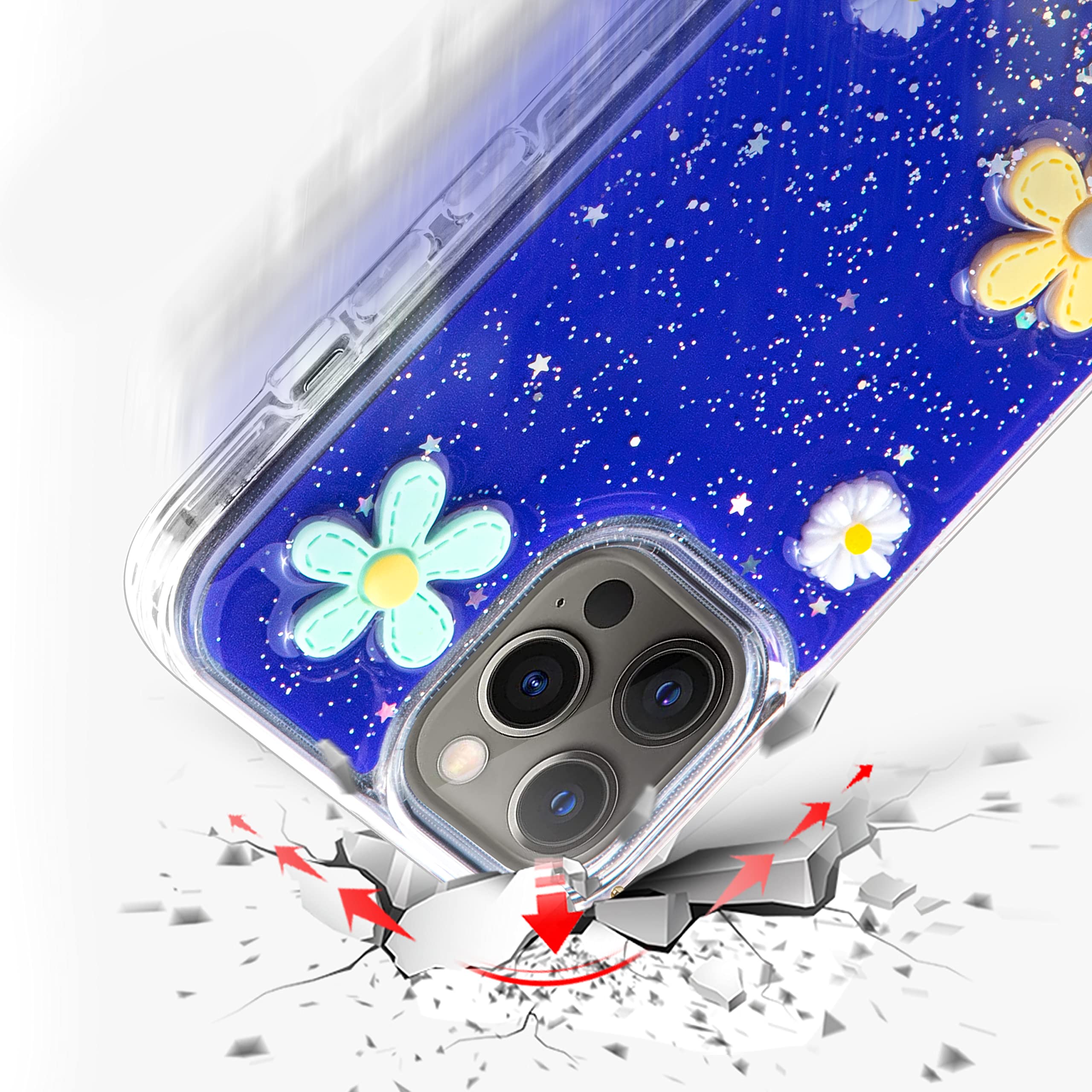 Shockproof iPhone 12 Pro Max Case with Daisy Flower Design - Anti-Scratch Full Body Protection, Cute Glitter Cover for Women (Blue) | Perfect for Everyday Use, Outdoor Activities & Gift Giving