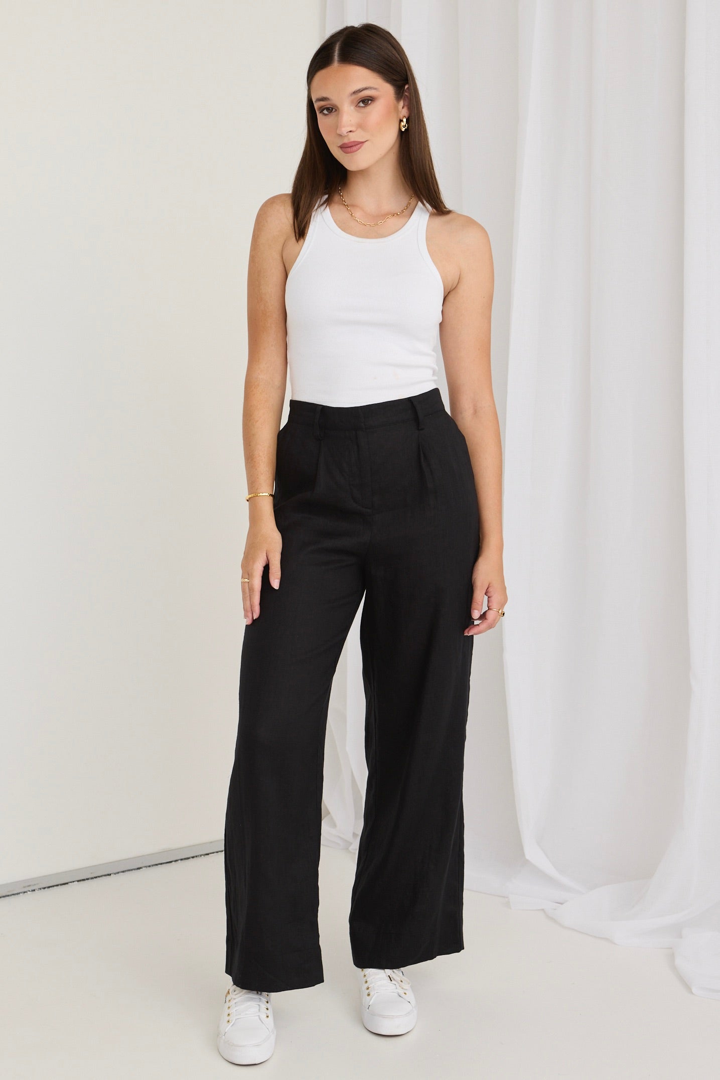 Stylish Island Black Linen Pleat Front Wide Leg Pants for Women - Comfortable Summer Casual Trousers for Beach, Office & Vacation Wear