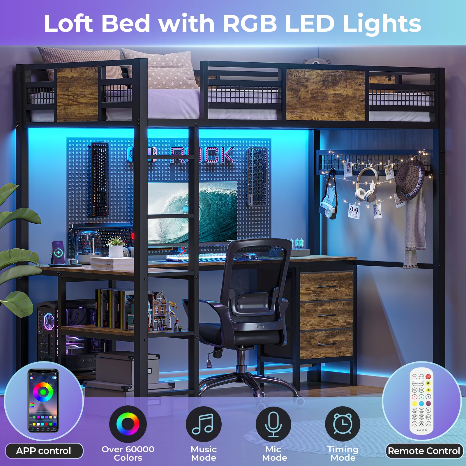 Twin Loft Bed with L-Shaped Desk - Metal Twin Size Bed Frame with LED Lights & USB Charging Station, 3 Fabric Drawers & 2-Tier Storage Shelves, Safety Guard Rail & Ladder - Space Saving Kids/Teens Bed for Small Rooms, Dorms & Apartments (No Box Spring Needed)