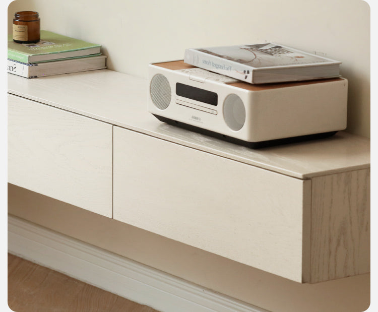 White Cream Oak Solid Wood Floating TV Stand - Modern Suspension TV Cabinet for Living Room, Bedroom & Home Theater Setup