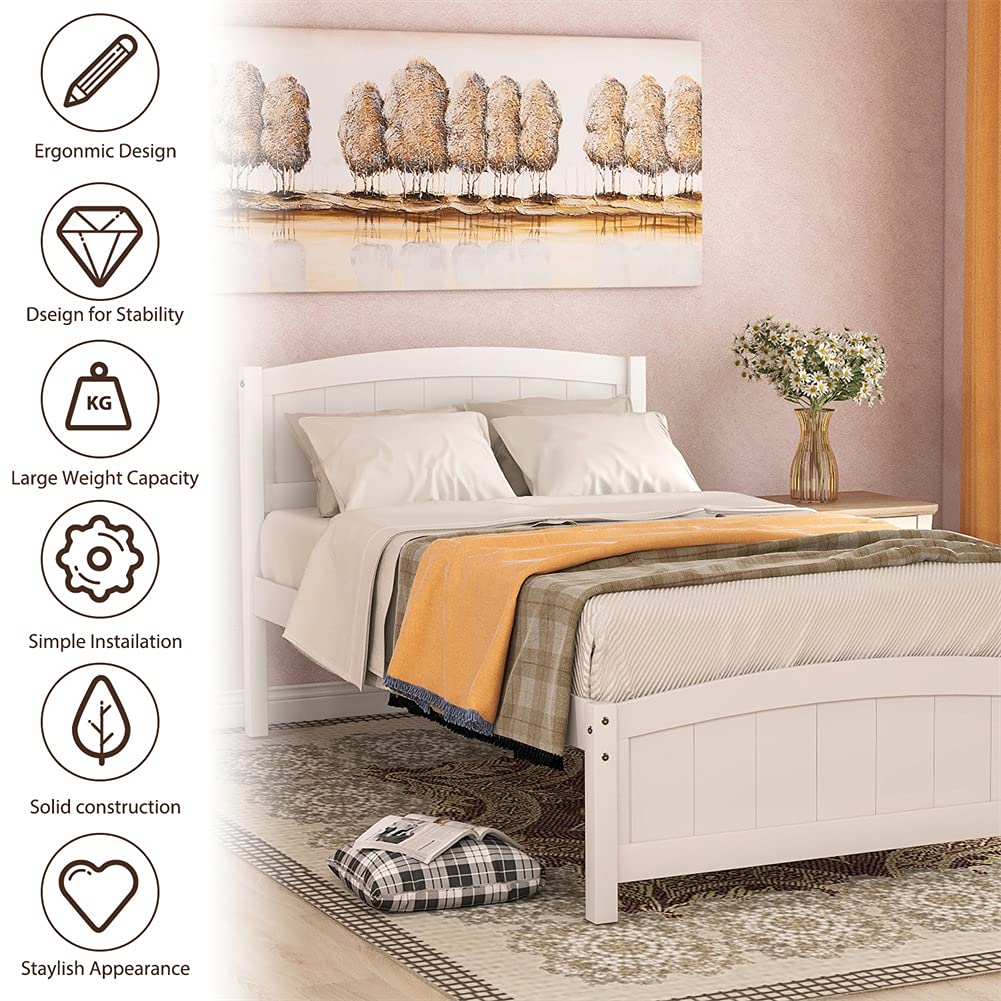 Twin Size Wood Platform Bed Frame with Headboard & Footboard - Sturdy Wood Slat Support, White - Perfect for Kids' Rooms, Guest Bedrooms & Small Spaces