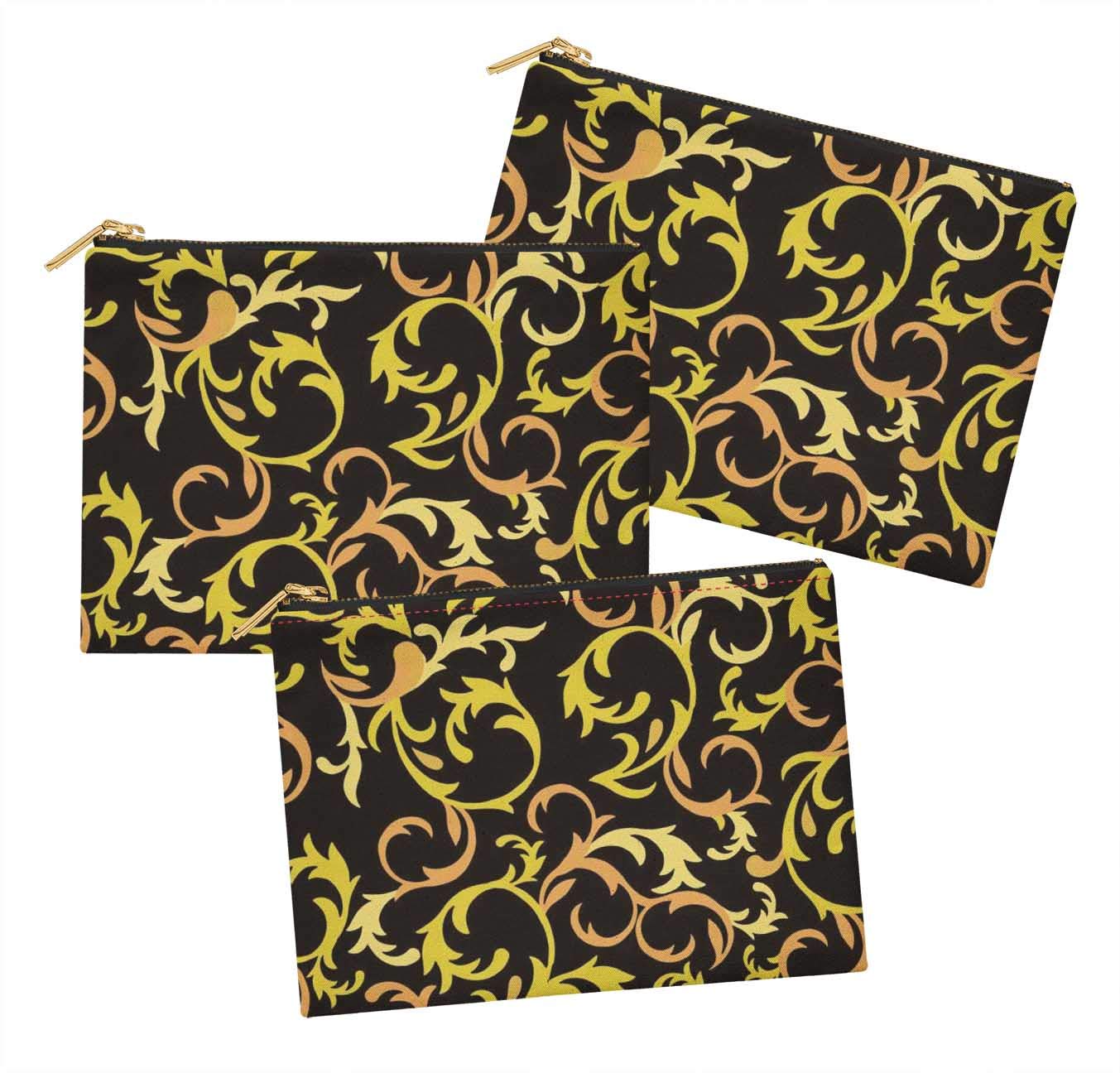 Stylish Black Artistic Leaves Printed Cosmetic Bag Set of 3 - 6x8 Inch Makeup Pouch, Coin Purse & Toiletry Organizer - Perfect for Travel, Gym & Daily Essentials Storage