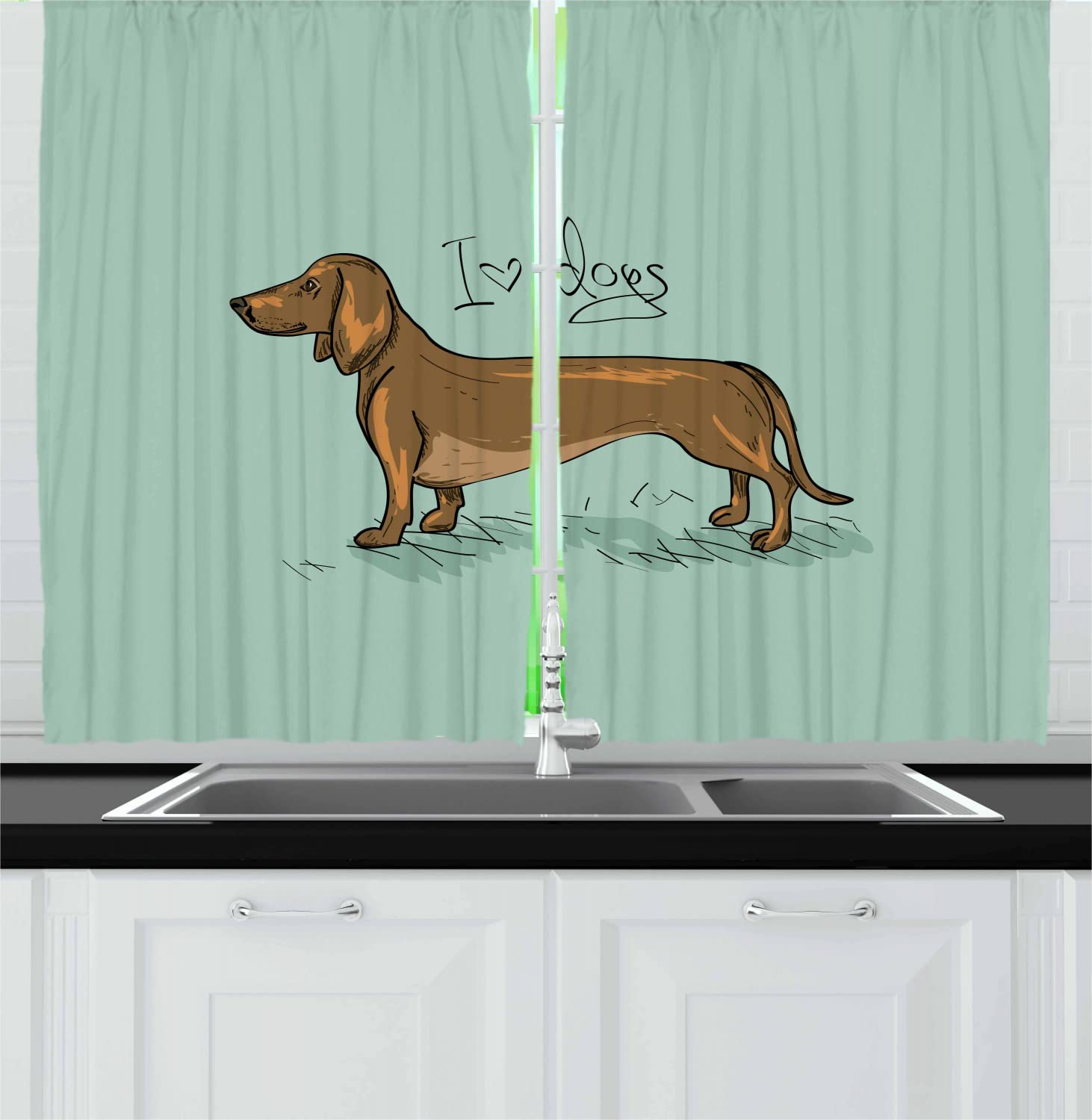 Ambesonne Dachshund Long Kitchen Curtains - Abstract Turquoise Background with Pure Breed Puppy Design, 2 Panel Rod Pocket Drapes (55x45 inches) - Perfect for Farmhouse, Pet Lover Home Decor in Turquoise, Brown & Black