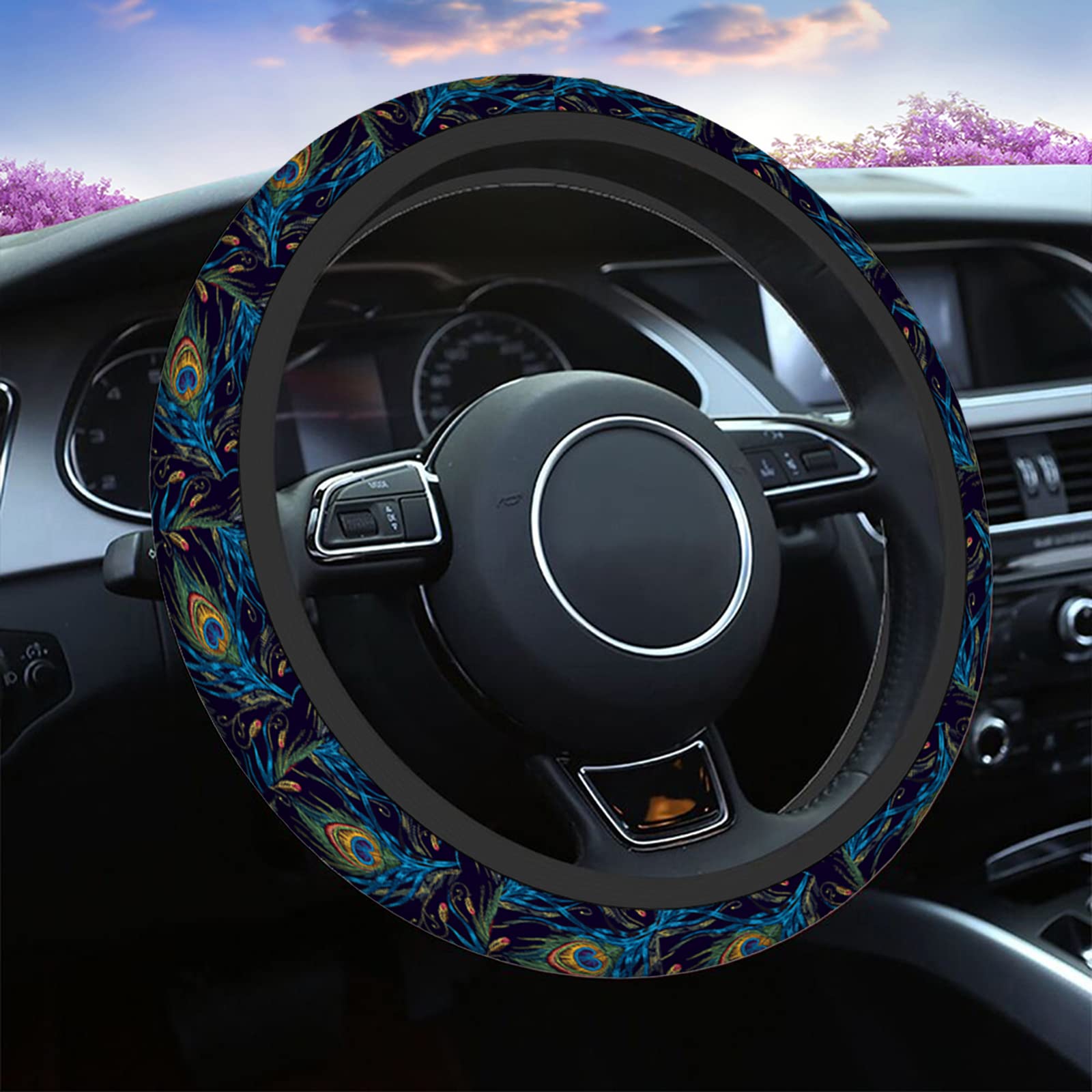 Swono Peacock Feather Steering Wheel Cover - 15 Inch Anti-Slip Neoprene Car Steering Wheel Wrap with Beautiful Blue & Green Feather Design - Universal Fit for Men & Women - Perfect for Summer Driving, Road Trips & Stylish Car Interior Upgrade