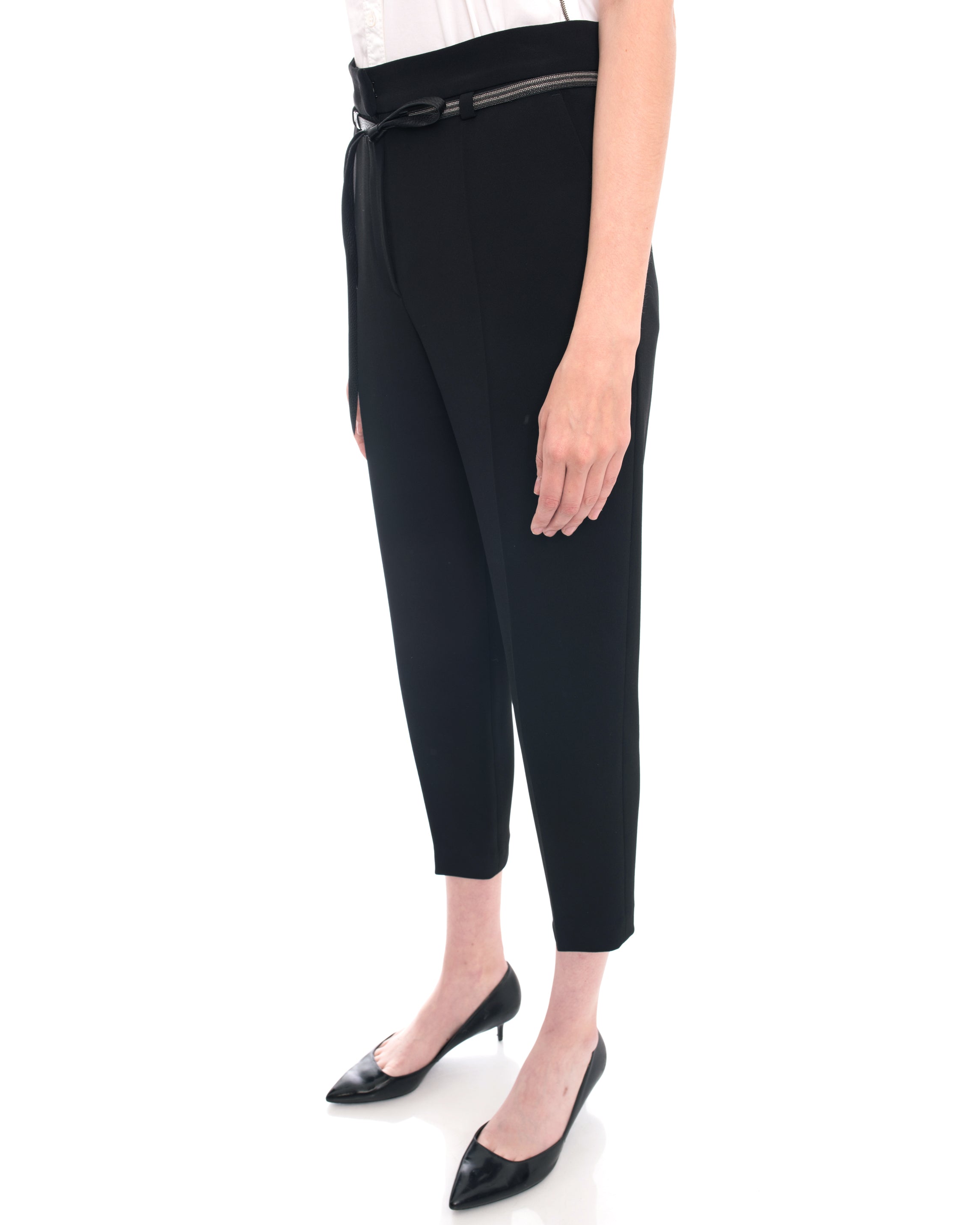 Brunello Cucinelli Black Dress Pants with Beaded Leather Tie Belt - Elegant Formal Trousers for Office Wear & Evening Events