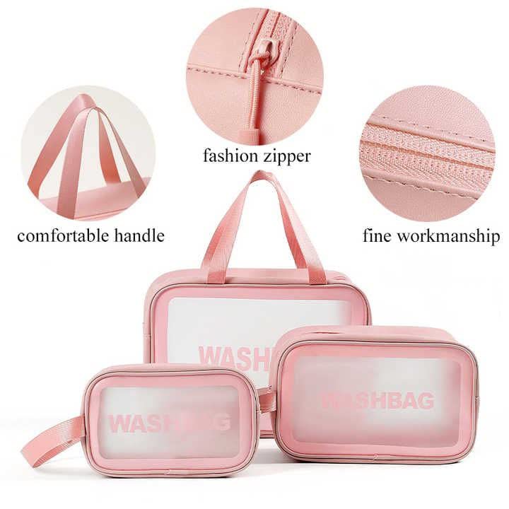 3-Piece Clear Toiletry Bags Set - Transparent Travel Cosmetic Organizer for Women & Girls | TSA Approved Makeup Wash Bag | Perfect for Air Travel, Gym, Beach Trips (Pink)