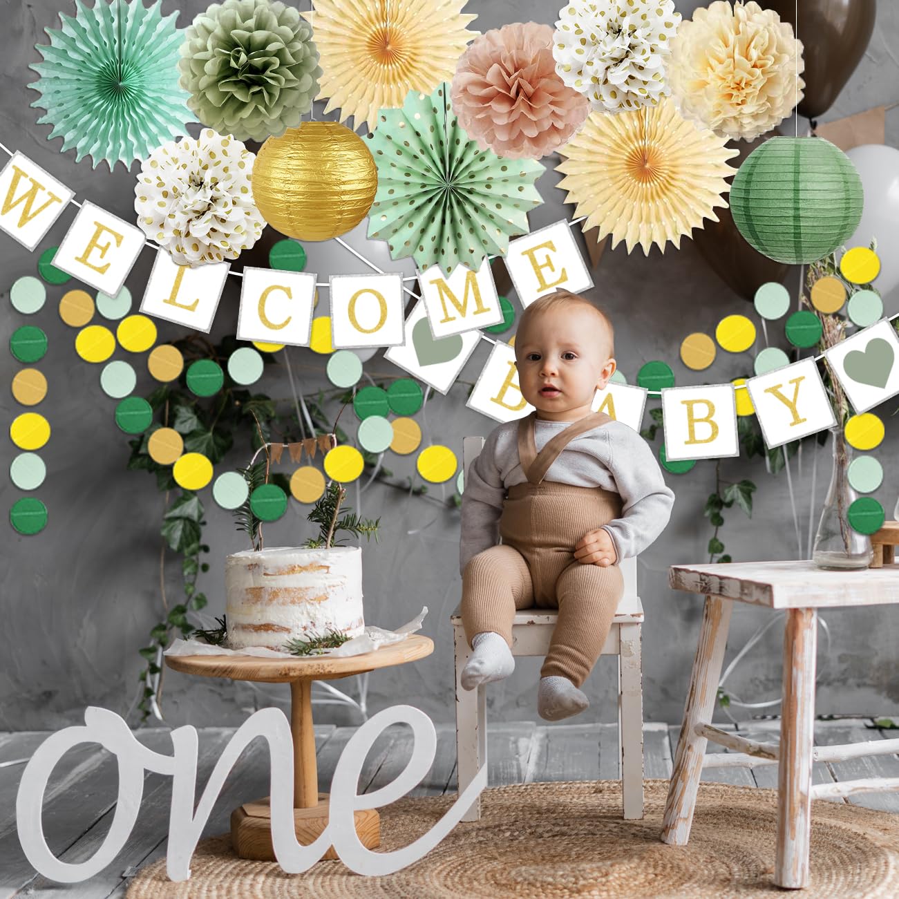 Sage Green & Gold Baby Shower Decorations Set - Welcome Baby Banner, Olive Green Tissue Pom Poms, Paper Flowers & Lanterns - Gender Neutral Nursery Decor for Boys & Girls - Perfect for Baby Reveal Parties & Newborn Celebrations