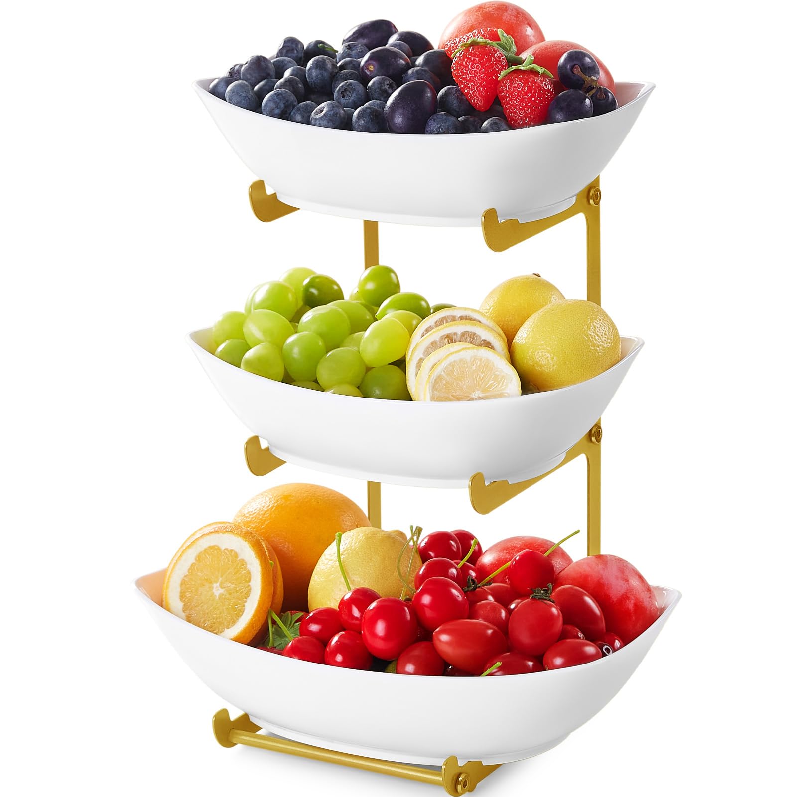 3-Tier Plastic Fruit Bowl Basket with Gold Metal Stand - Kitchen Countertop Organizer for Fruits, Vegetables, Cakes & Desserts | Perfect for Party Serving, Dining Room Decor & Gift Giving