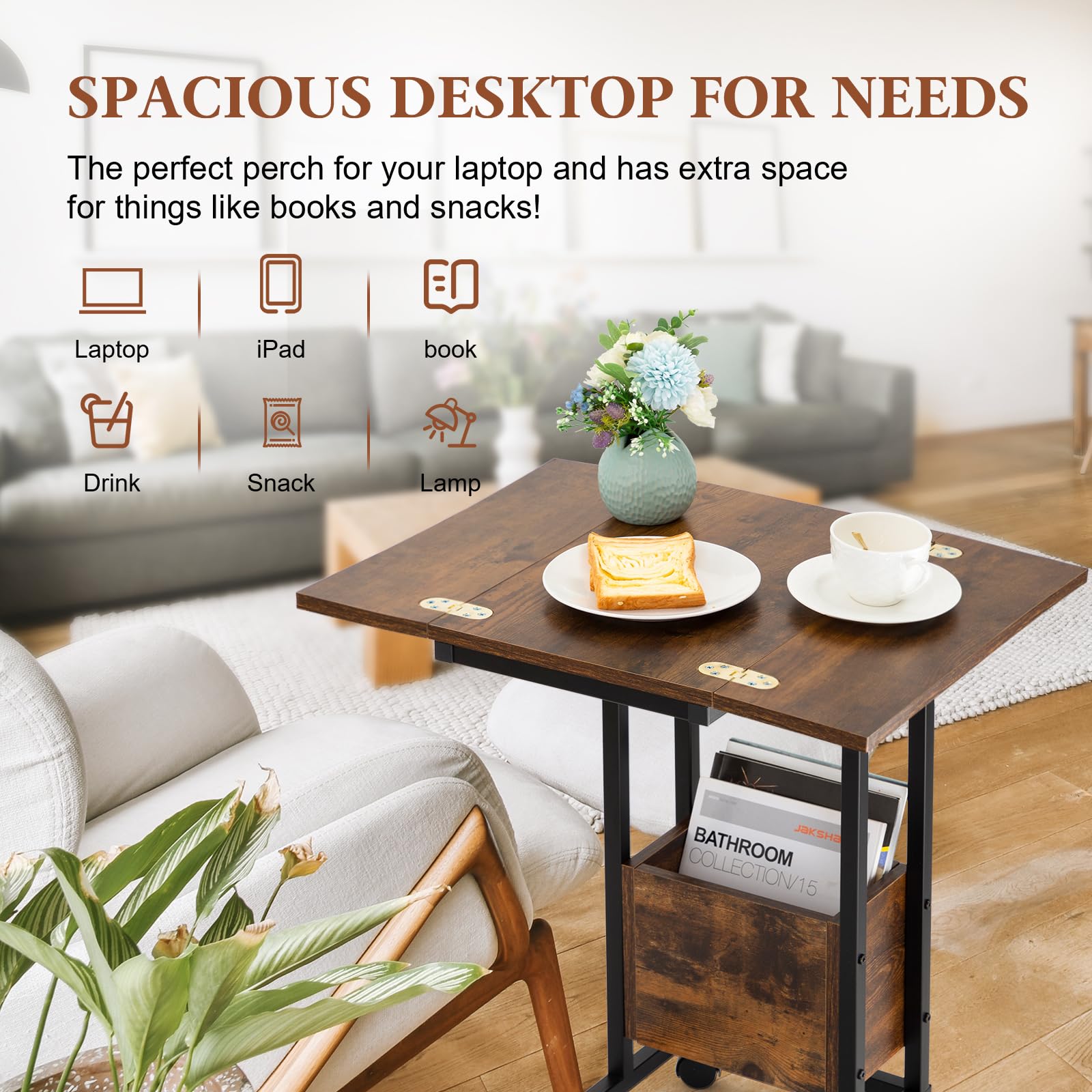 Hadulcet Modern C-Shaped End Tables Set of 2 - Rustic Brown Small Side Tables for Living Room, Sofa, Couch - Slide Under Furniture Snack Tables & TV Trays - Perfect for Eating, Reading, and Entertaining Guests