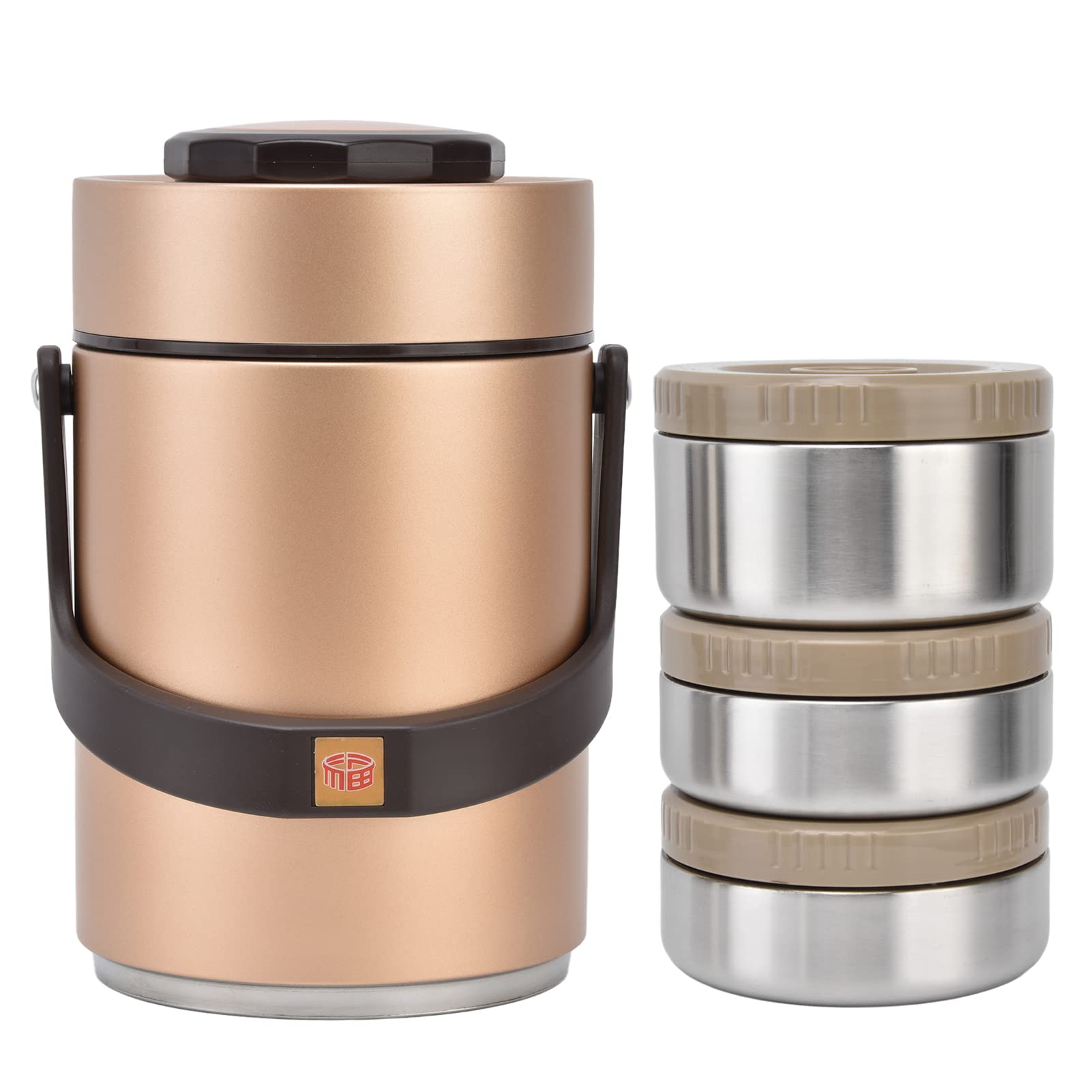 Yosoo 2000ml Wide Mouth Insulated Thermos Lunch Box - 3-Layer Stackable Leak Proof Food Container for Hot & Cold Meals - Reusable Soup Jar for Office, Travel, Picnic, Camping & Outdoor Activities (Gold)