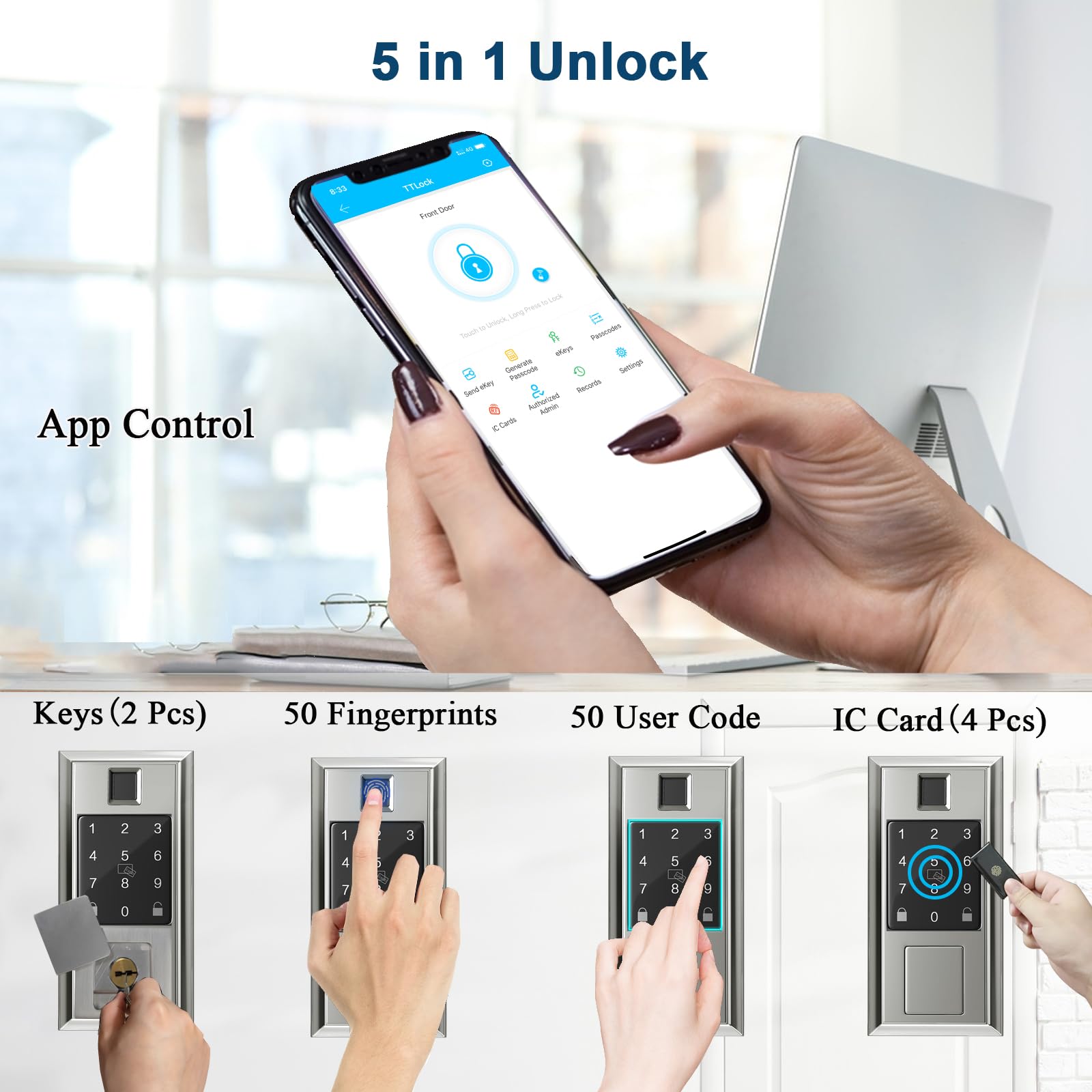 Smart Lock with Keyless Entry - Bluetooth/WiFi Control for Front Doors (Satin Nickel) | Secure Smart Home Access