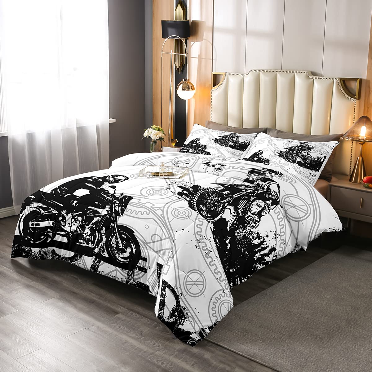 Motocross Dirt Bike Comforter Set - Twin Size Extreme Sports Bedding for Teens & Kids Boys, Black & White Retro Quilted Duvet Cover with Pillowcase - Perfect for Motocross Themed Bedrooms & Racing Enthusiasts