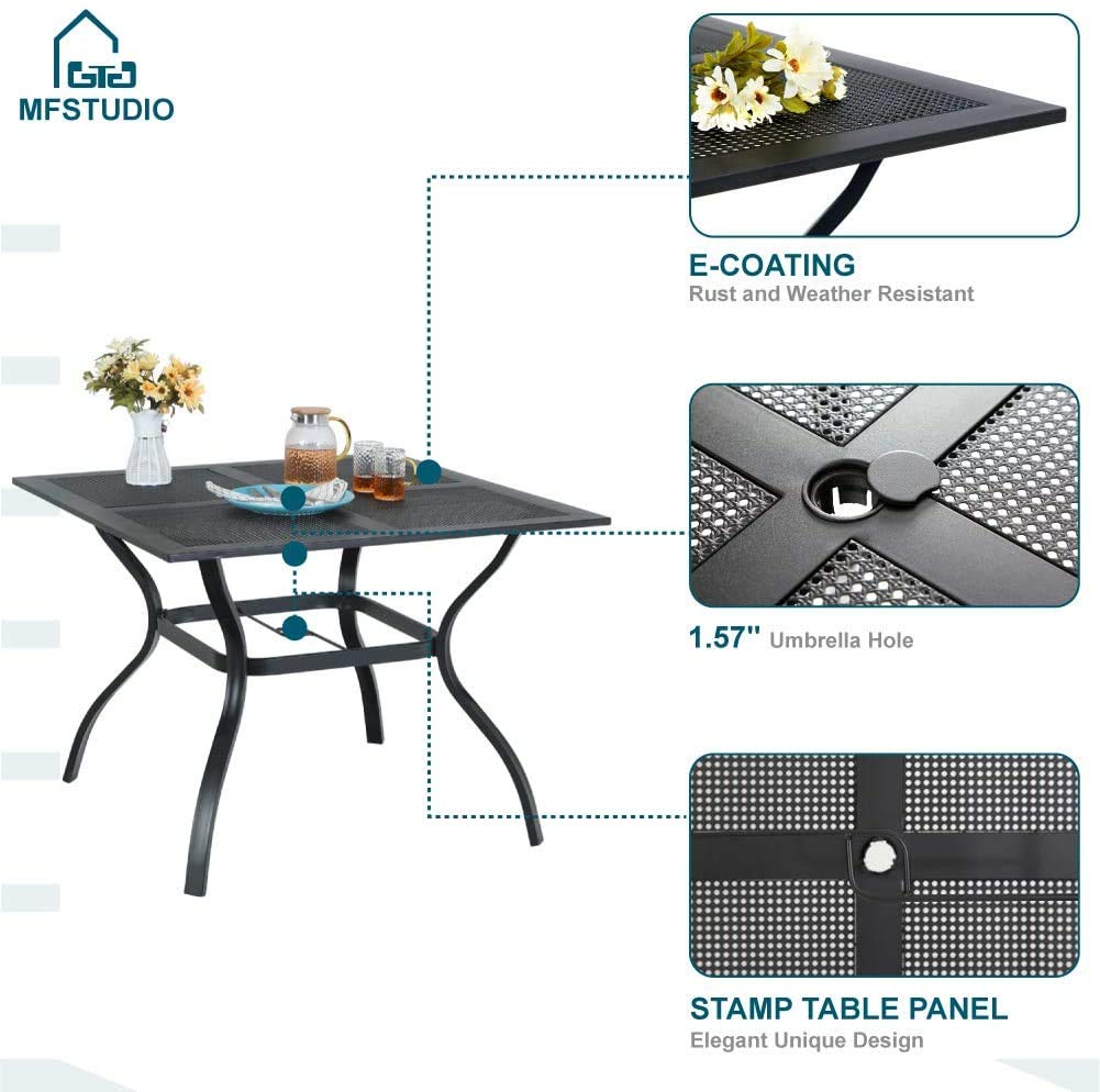 MFSTUDIO 5-Piece Outdoor Patio Dining Set - Black Metal Square Table with 4 Stackable Chairs & 1.57