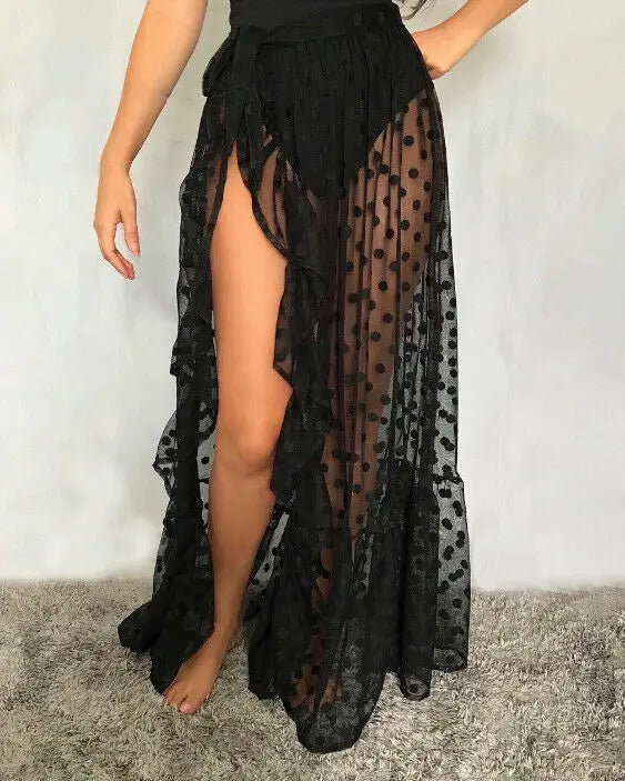 2021 New Hot Summer Women's Mesh Sheer Polka Dot Long Split Skirt - Sexy Beach Cover Up, Bikini Wrap, Sunscreen Skirt for Pool Party, Vacation & Tropical Getaways