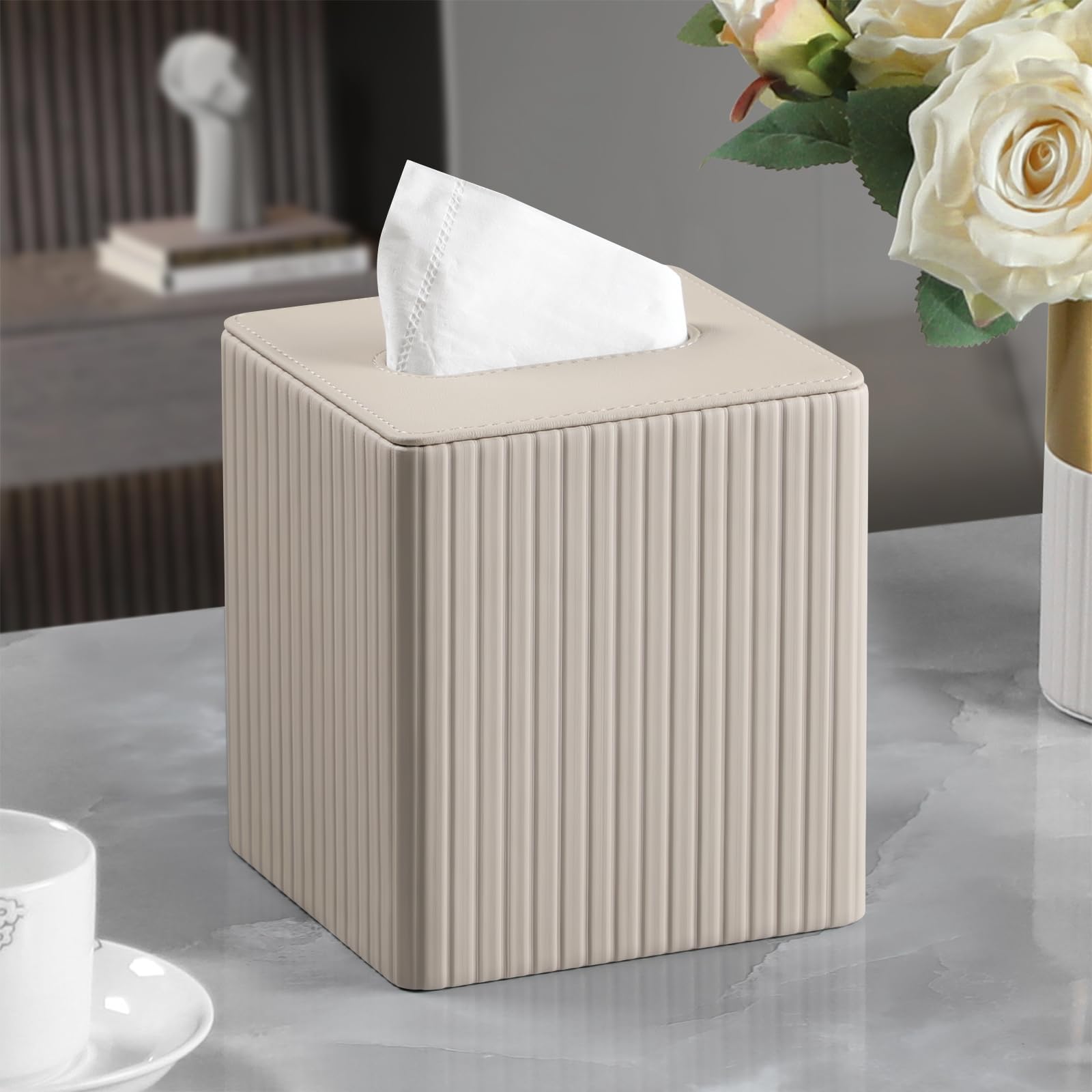 Premium PU Leather Square Tissue Box Cover with Magnetic Closure - Elegant Beige Stripe Design for Home, Office & Car Decor | Water-Resistant & Dustproof Organizer