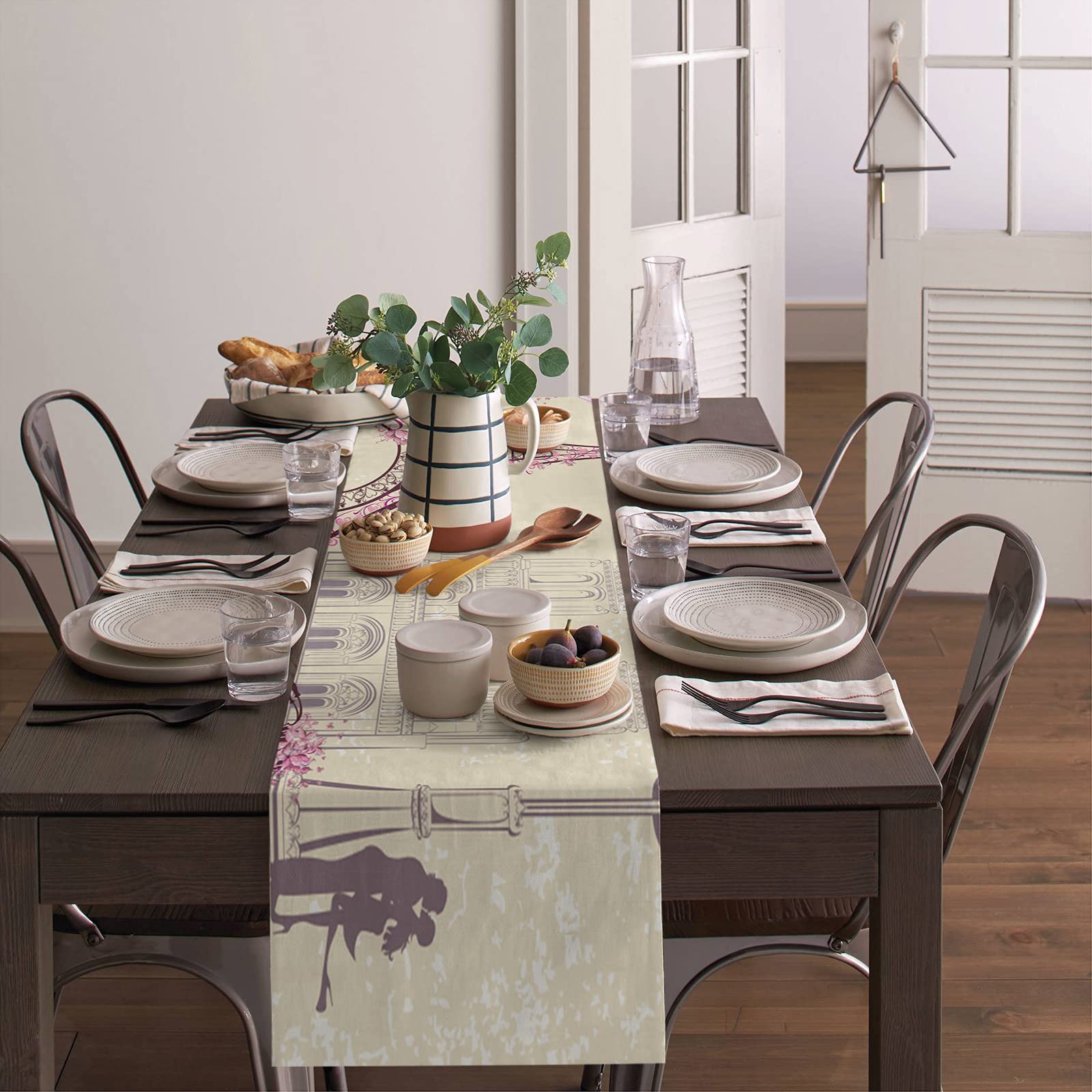 T&H XHome Durable Fabric Table Runner - Romantic Eiffel Tower & Bicycle Design Washable Linen Tablecloth for Dining Room, Kitchen, Wedding Decor (18x72 Inches) | Perfect for Indoor & Outdoor Parties, Holiday Gatherings, and French-Themed Events