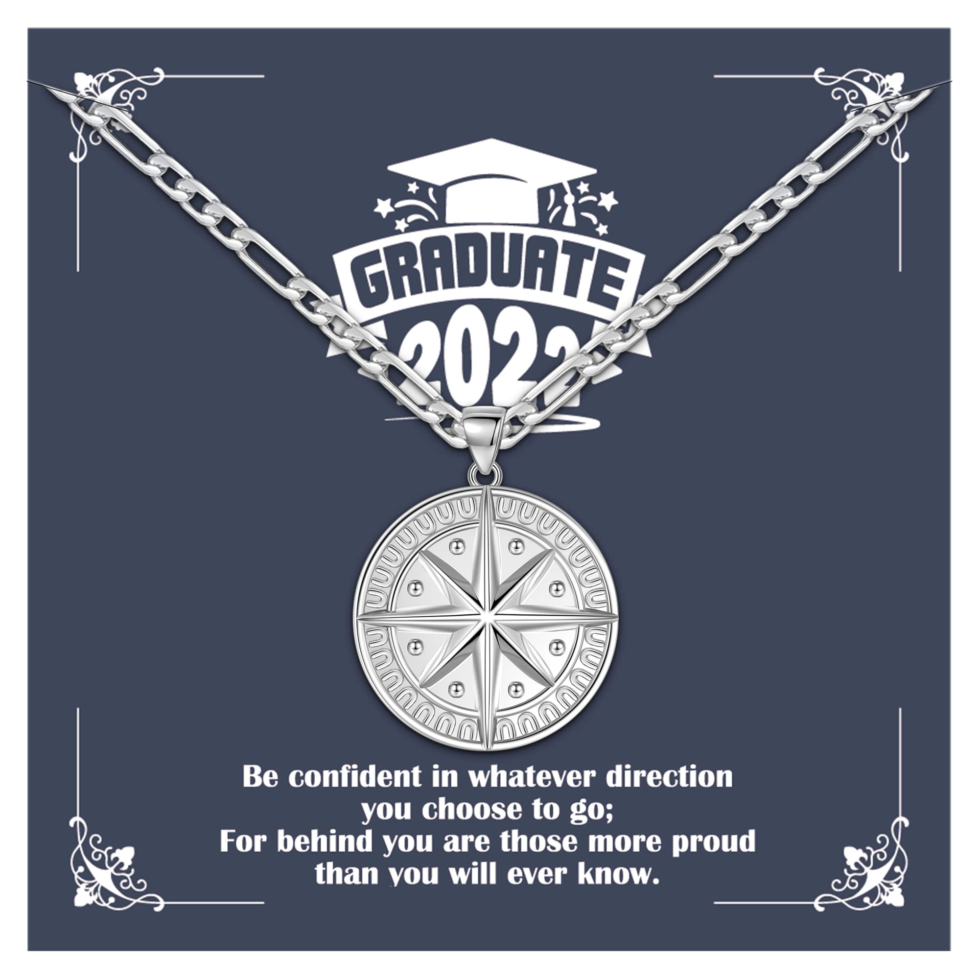 Men's Sterling Silver Compass Necklace - Thoughtful Graduation Gift for Him, College Graduate Present, 2022 Trendy Jewelry | Perfect for Commencement Ceremonies & Career Milestones
