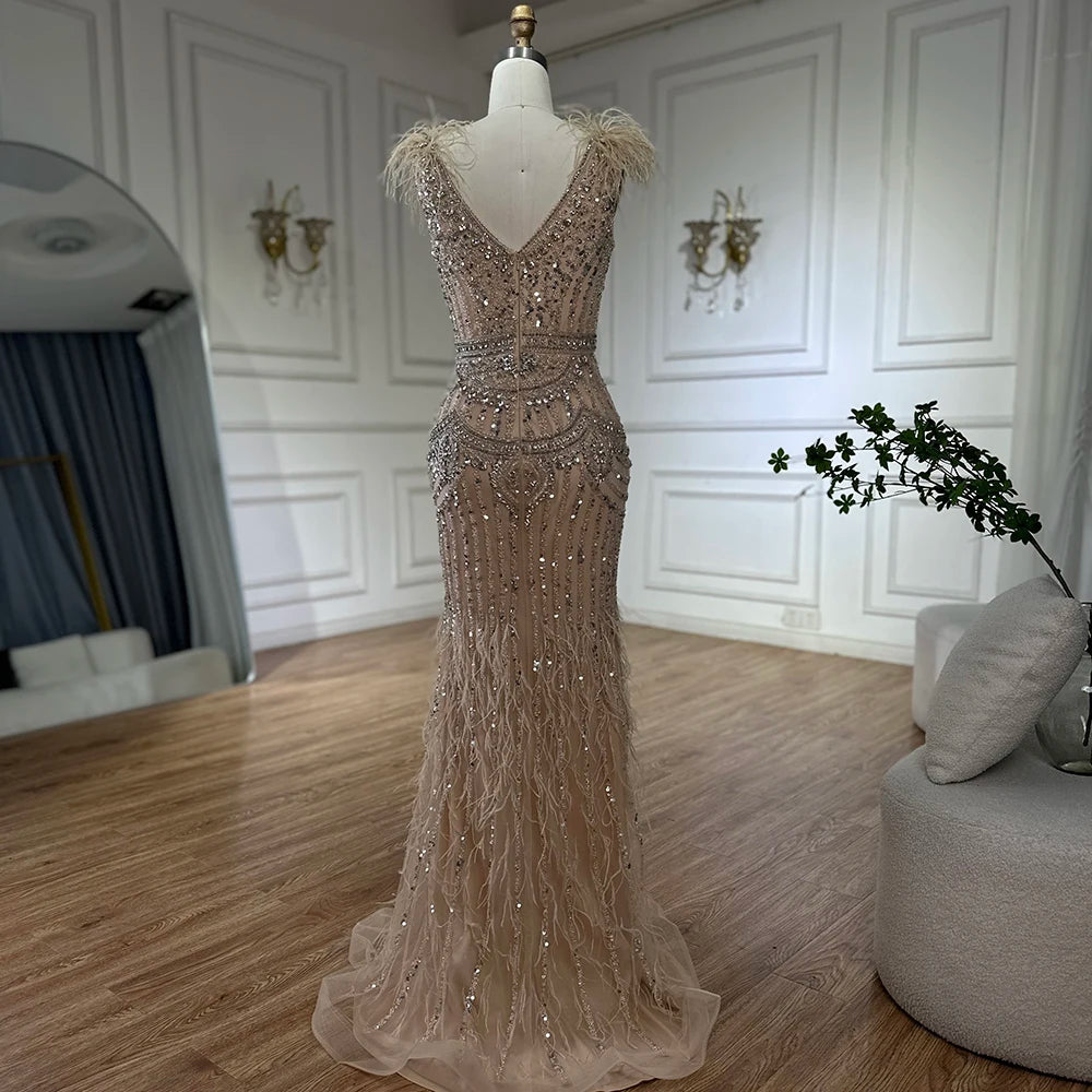 Elegant Dubai Arabic Blue Beaded Feather Mermaid Evening Gown for Women - Formal Occasion Long Dress LA72742 | Perfect for Weddings, Galas, and Red Carpet Events