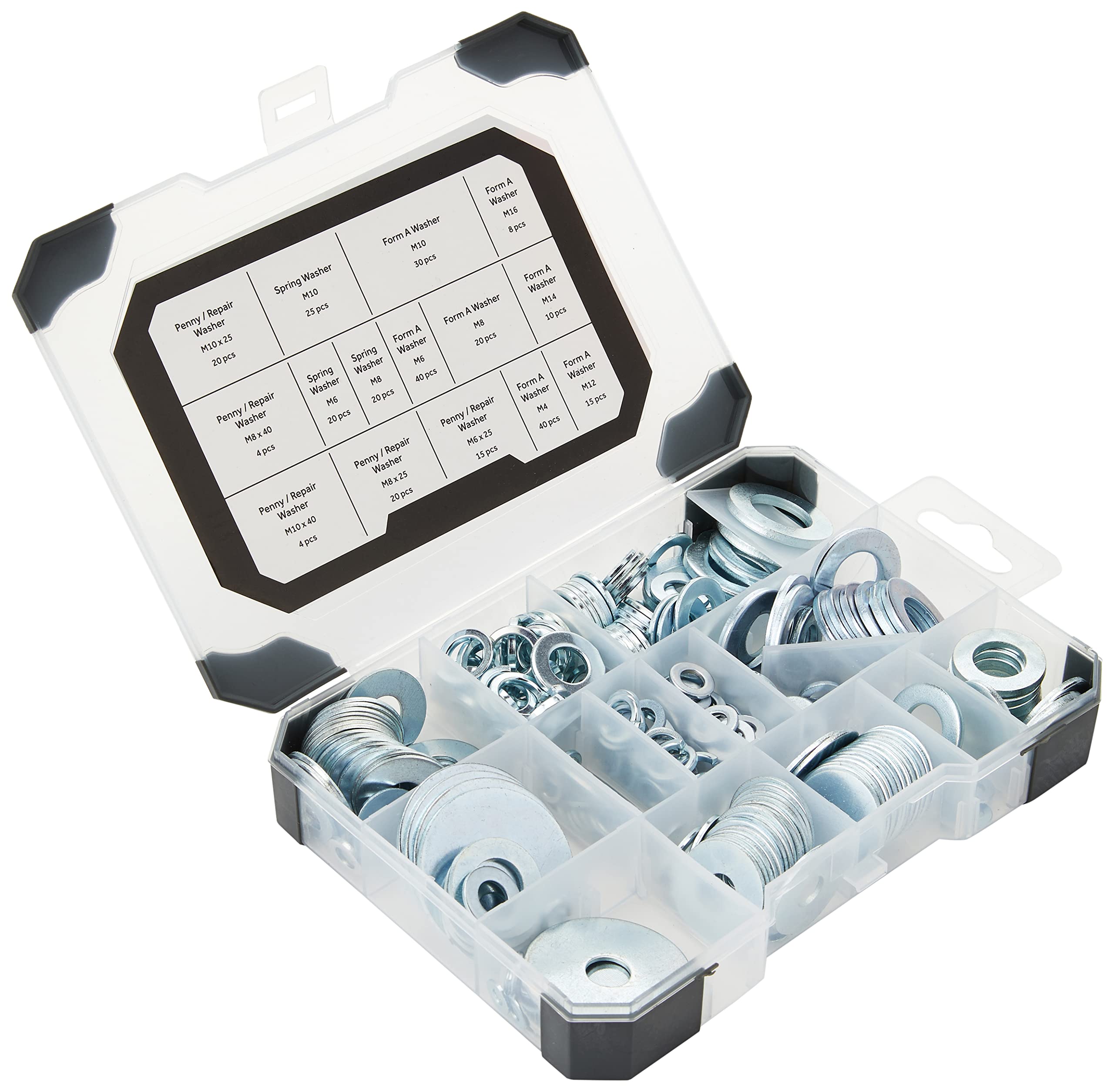 TRAY580 Zinc Washers Assortment - 291pcs Mixed Size Hardware Tray for Plumbing, Automotive & DIY Projects