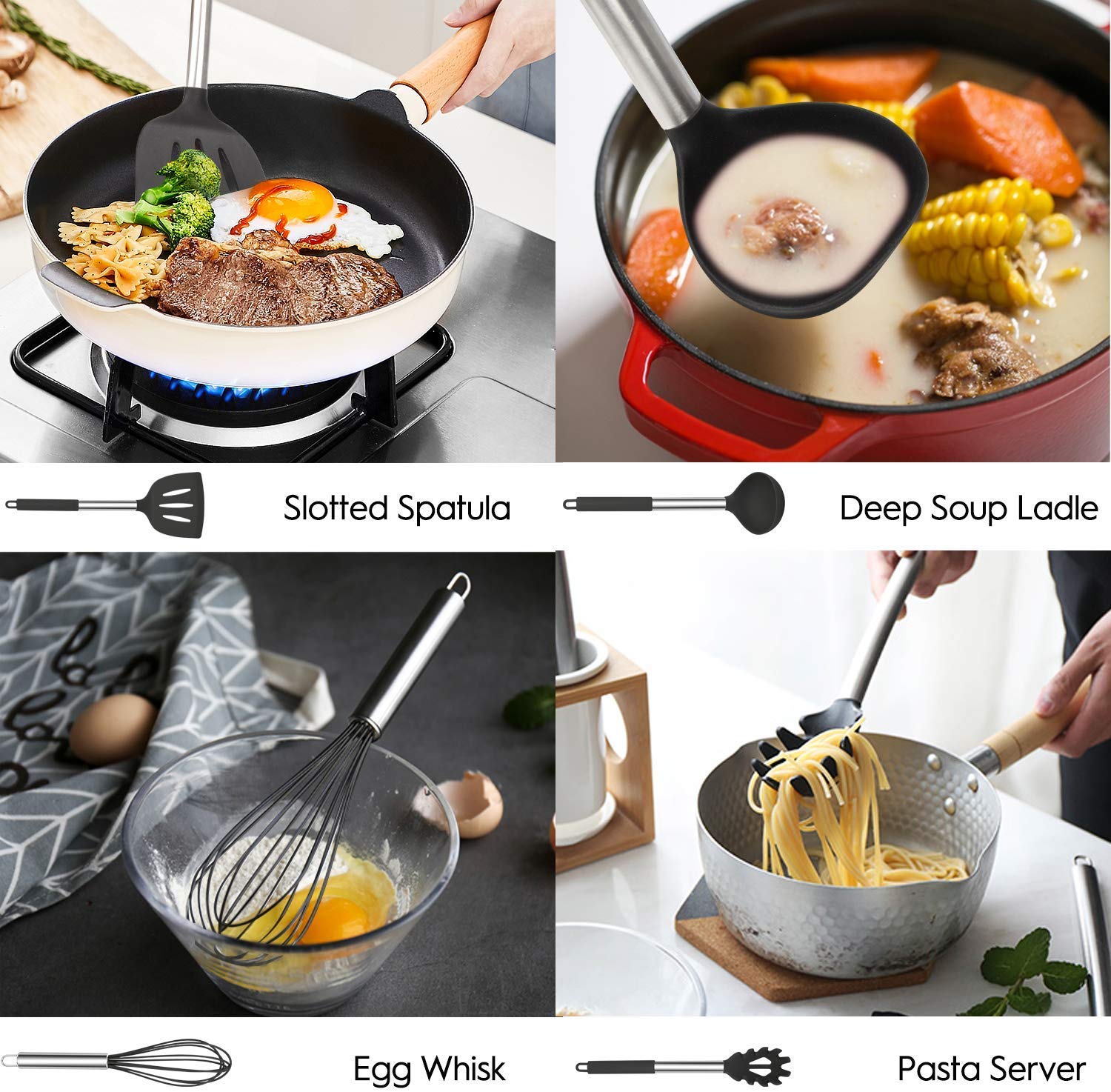 **MIBOTE 12-Piece Silicone Kitchen Utensils Set - BPA-Free, Heat Resistant Cooking Tools with Stainless Steel Handles - Perfect for Non-Stick Pans, Baking, and Everyday Cooking (Black)**