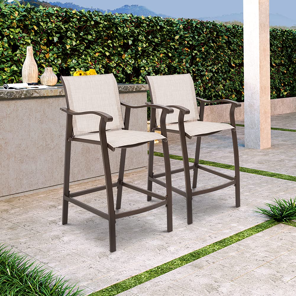 Crestlive Outdoor Counter Height Bar Stools Set of 4 - Heavy Duty Aluminum Frame Patio Furniture Bar Chairs in Antique Brown Finish (Beige) - Perfect for Backyard, Deck, Poolside & Outdoor Dining Areas