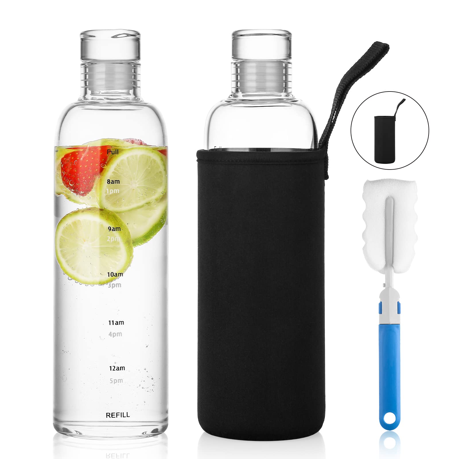 BINCOO (Pack of 2) 17oz Glass Water Bottle with Time Marker - Reusable Beverage Bottle for Water, Milk, Juice - Includes Protective Sleeve & Cleaning Brush - Perfect for Gym, Office, School & Outdoor Activities