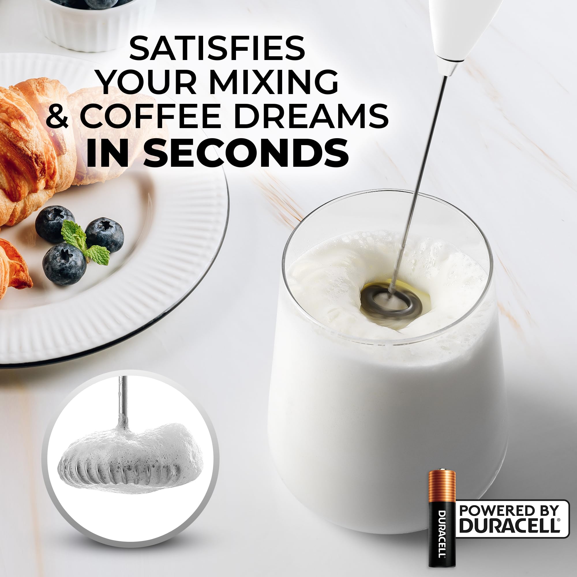 Zulay Kitchen Premium Electric Milk Frother Wand - Handheld Battery-Powered Drink Mixer for Coffee, Latte, Frappe, Matcha, Hot Chocolate - Includes 2 Duracell Batteries - Easy to Clean - Perfect for Home, Office & Cafe Use