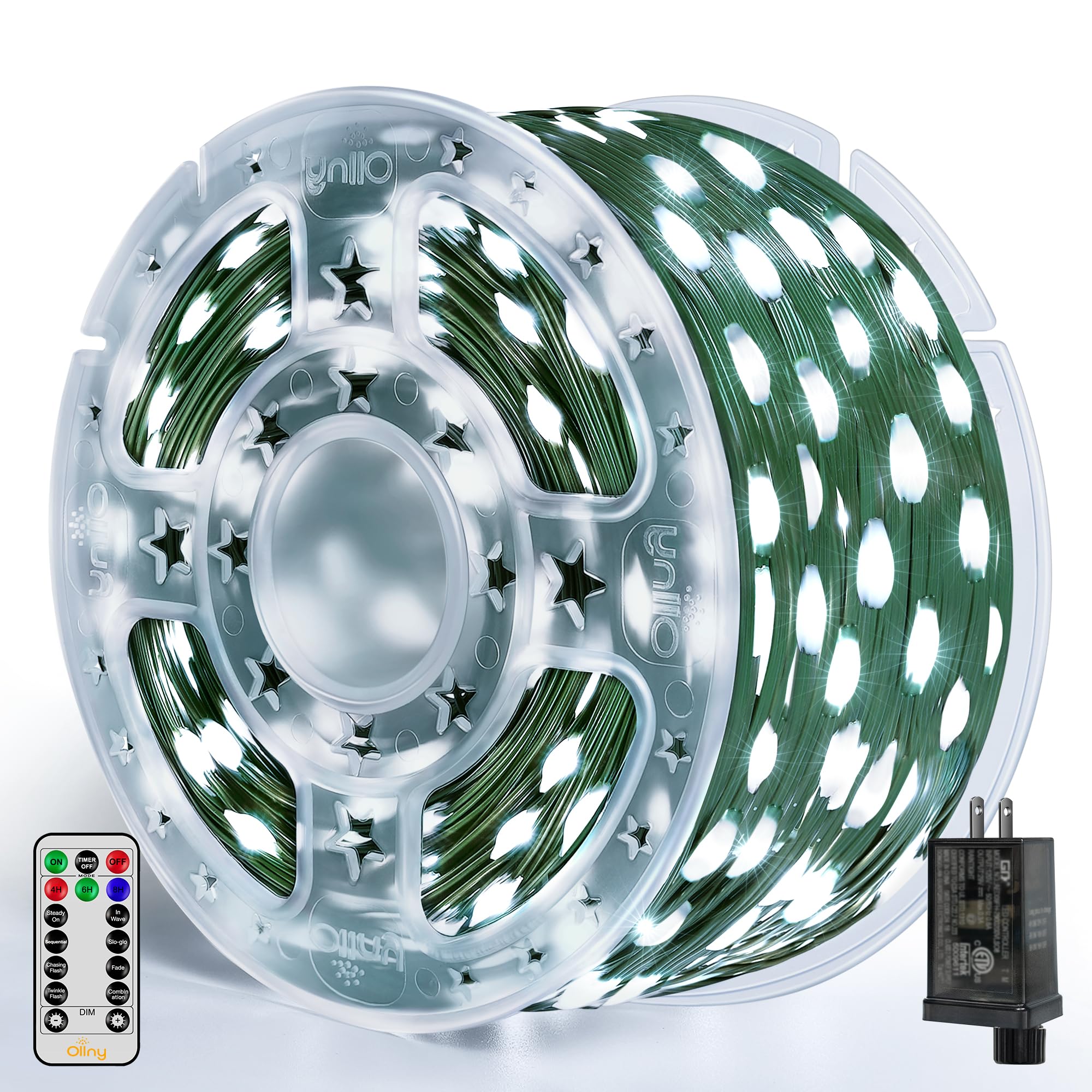 Ollny 800 LED 262 FT Outdoor Christmas Lights - IP67 Waterproof Green Wire with Remote, 8 Lighting Modes & Timer - Perfect for Christmas Tree, House Decorations, and Indoor/Outdoor Xmas Lighting (Cool White) - Ideal for Holiday Parties, Yard Displays, and Festive Home Decor