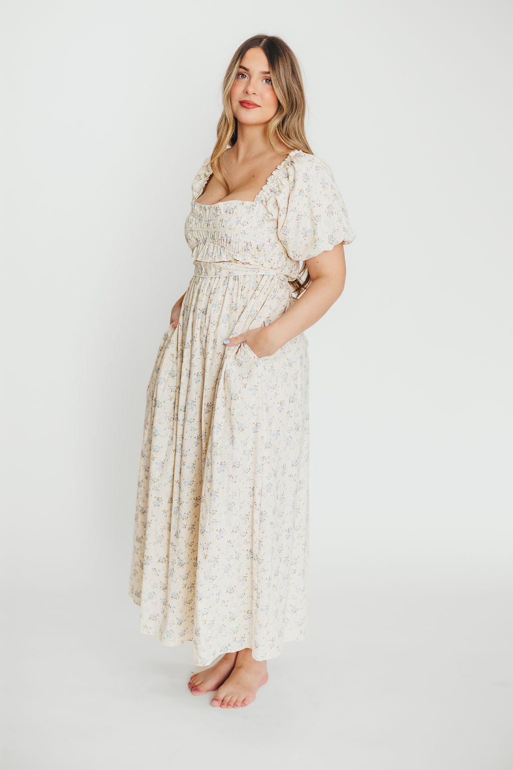 Finley 100% Cotton Peplum Midi Dress - Ivory & Blue - Bump & Nursing Friendly Maternity Dress for Pregnancy & Breastfeeding | Perfect for Casual Outings, Baby Showers & Nursing Dates