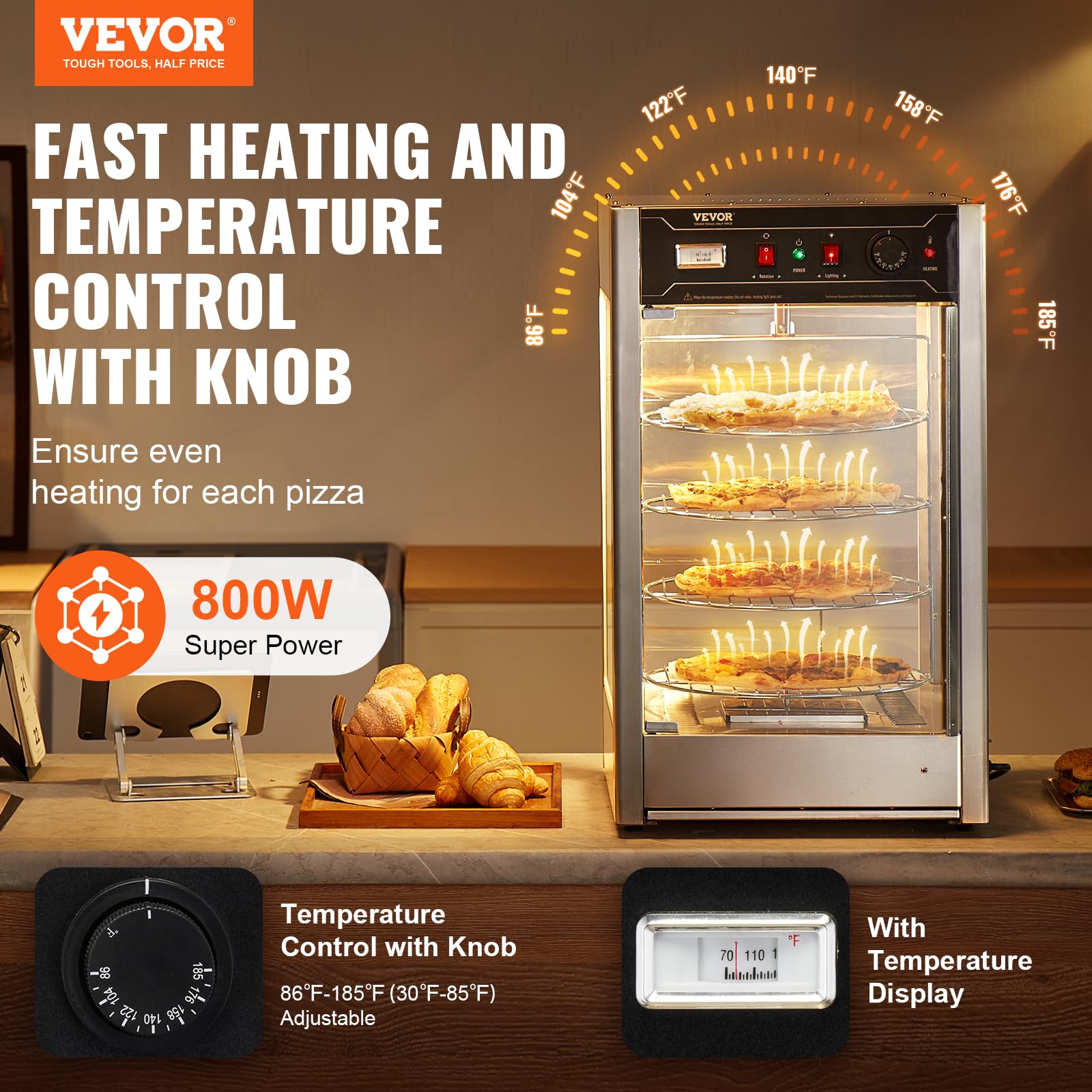 VEVOR 4-Tier Commercial Pizza Warmer with Rotary Steam Heating | 14