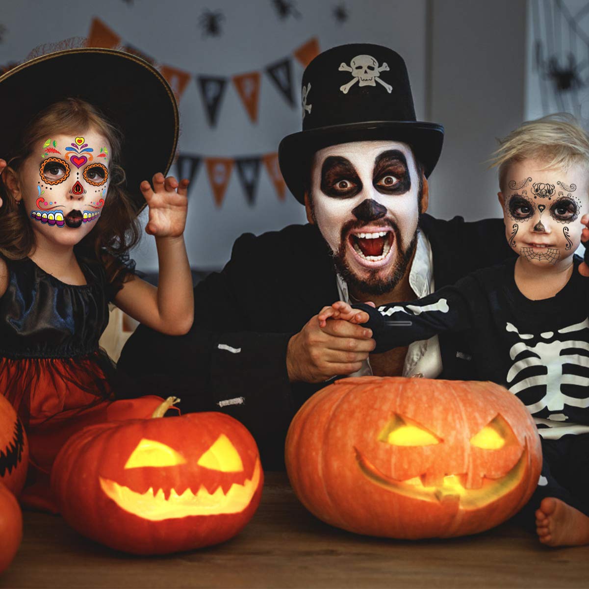 FRCOLOR 10 Sheets Halloween Temporary Tattoos - Day of The Dead Face Tattoos with Skull & Rhinestone Designs for Cosplay, Parties & Makeup | Perfect for Halloween Costumes, Festival Body Art & Themed Events