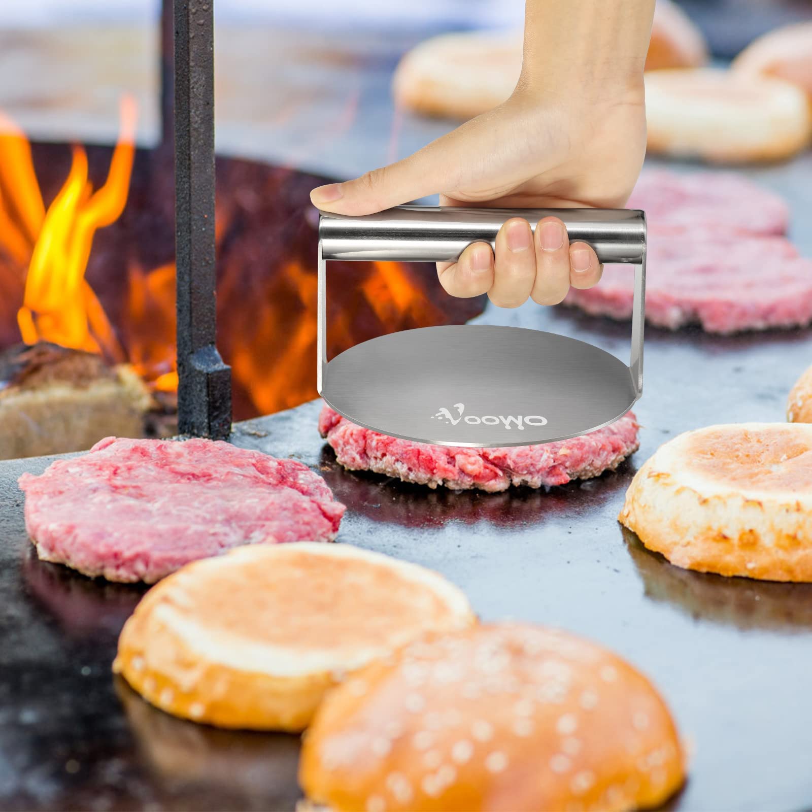 VOOWO Stainless Steel Smash Burger Press - Heavy Duty Hamburger Patty Maker with Squeeze Bottles, Perfect for Griddle, BBQ & Indoor Cooking - Ideal Grill Press Tool for Burgers, Sandwiches & Meat Preparation