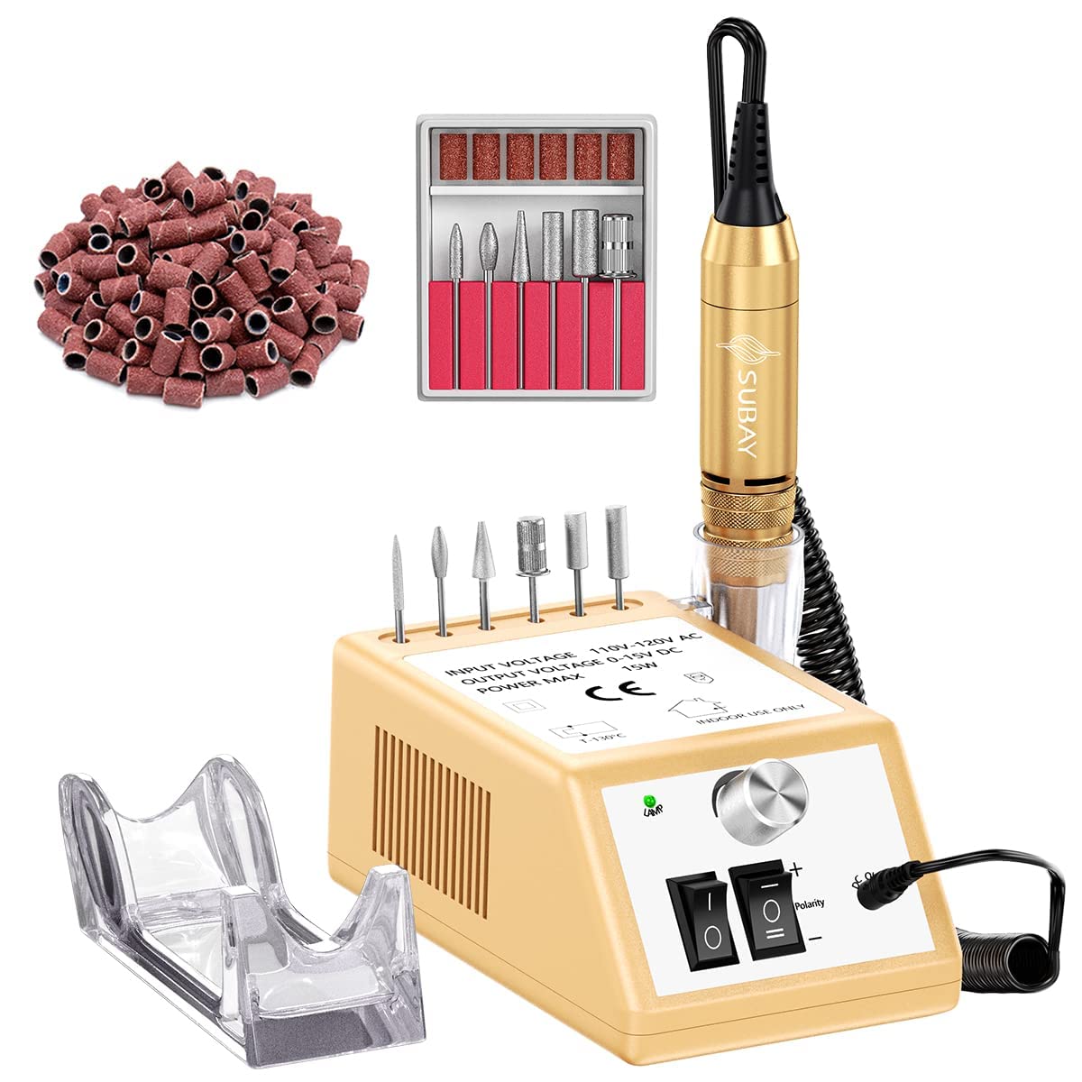 Subay Professional Electric Nail Drill Machine 30,000 RPM - Electric Nail Efile Kit for Acrylic & Gel Nails - Manicure Pedicure Polishing Tools for Salon & Home Use - Golden (Perfect for Nail Artists, DIY Enthusiasts & Professional Technicians)