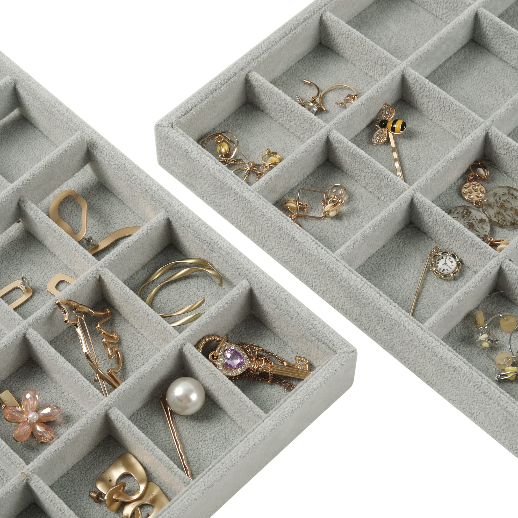 DIOMMELL 4 Pack Stackable Jewelry Organizer Box with Lid - Jewelry Storage Tray for Rings, Earrings, Bracelets & Necklaces - Perfect for Dresser, Vanity & Travel (Grey)