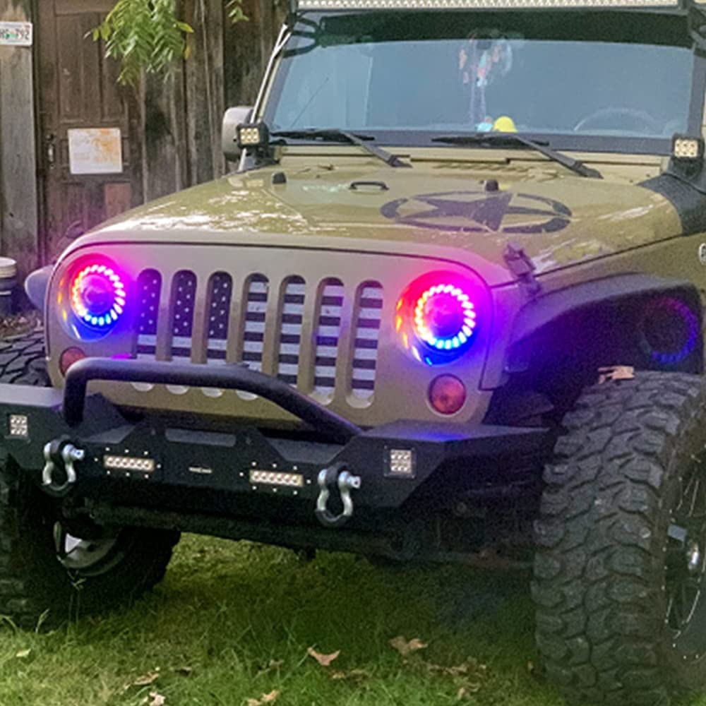 SUNPIE 7 Inch RGBW Halo LED Headlights with Rotating Fog Lights - Compatible with Jeep Wrangler JK/JKU (2007-2018) & TJ/LJ (1997-2006) - Stylish Colorful Rotating Projector for Off-Road, Night Driving & Car Customization