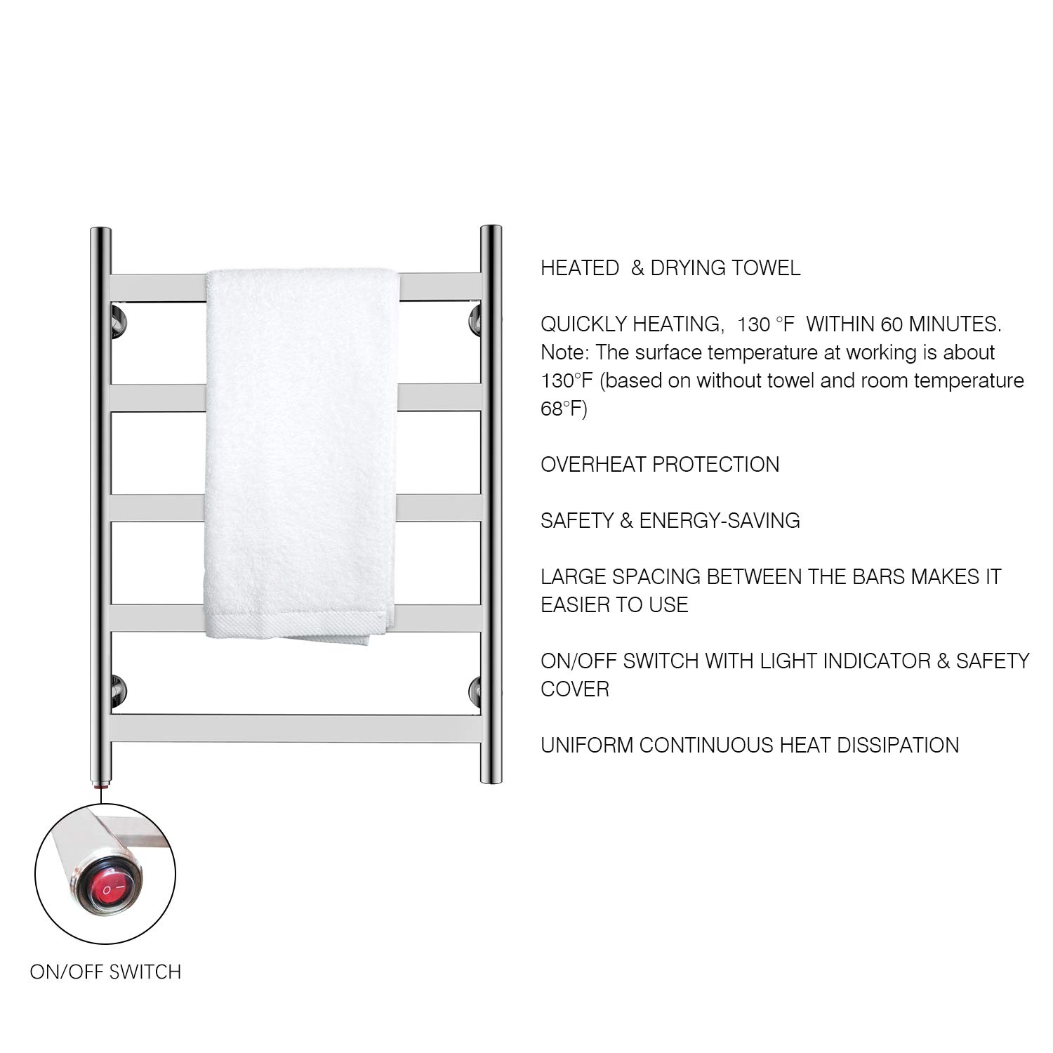 HEATGENE 5-Bar Wall-Mounted Electric Towel Warmer & Dryer - Plug-in Bathroom Towel Heater with Mirror Polish Finish | Perfect for Bathrooms, Spas & Luxury Home Use