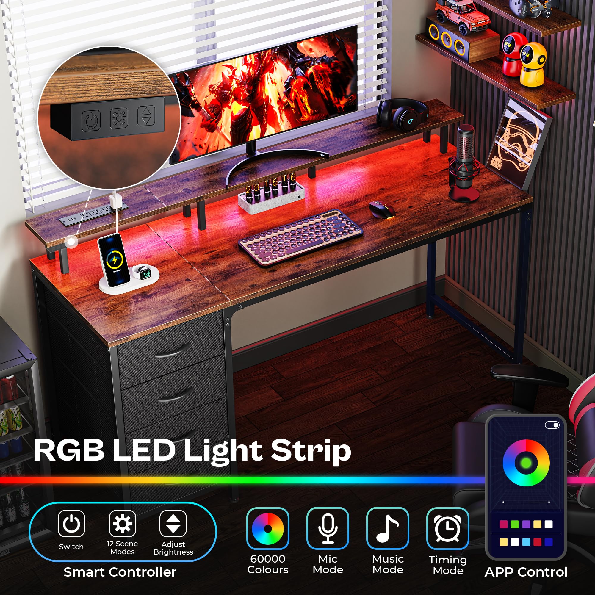Huuger 55 Inch Gaming Computer Desk with Power Outlets & LED Lights, Home Office Desk with 4 Drawers & Monitor Stand, Rustic Brown Study Work Desk for Gaming, Remote Work & Home Office Setup