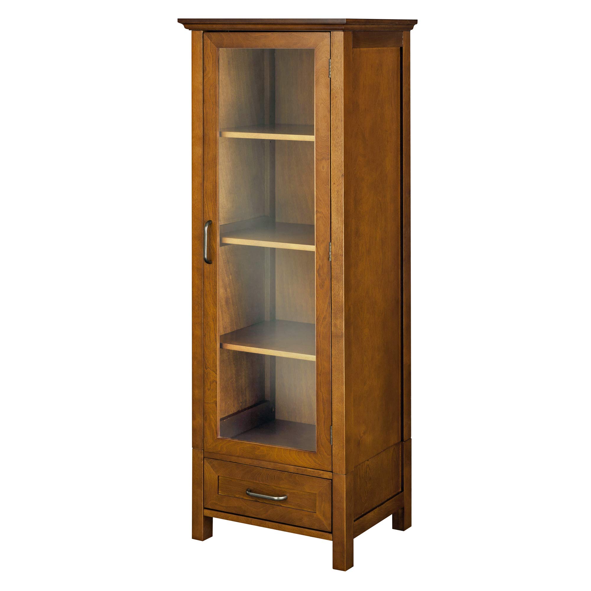Teamson Home Avery Linen Tower - Tall Slim Narrow Wooden Bathroom Storage Cabinet with Glass Panel Door, 4 Tiered Shelves & 1 Drawer in Oil Oak Finish | Space-Saving Organizer for Bathroom Essentials, Towels & Toiletries