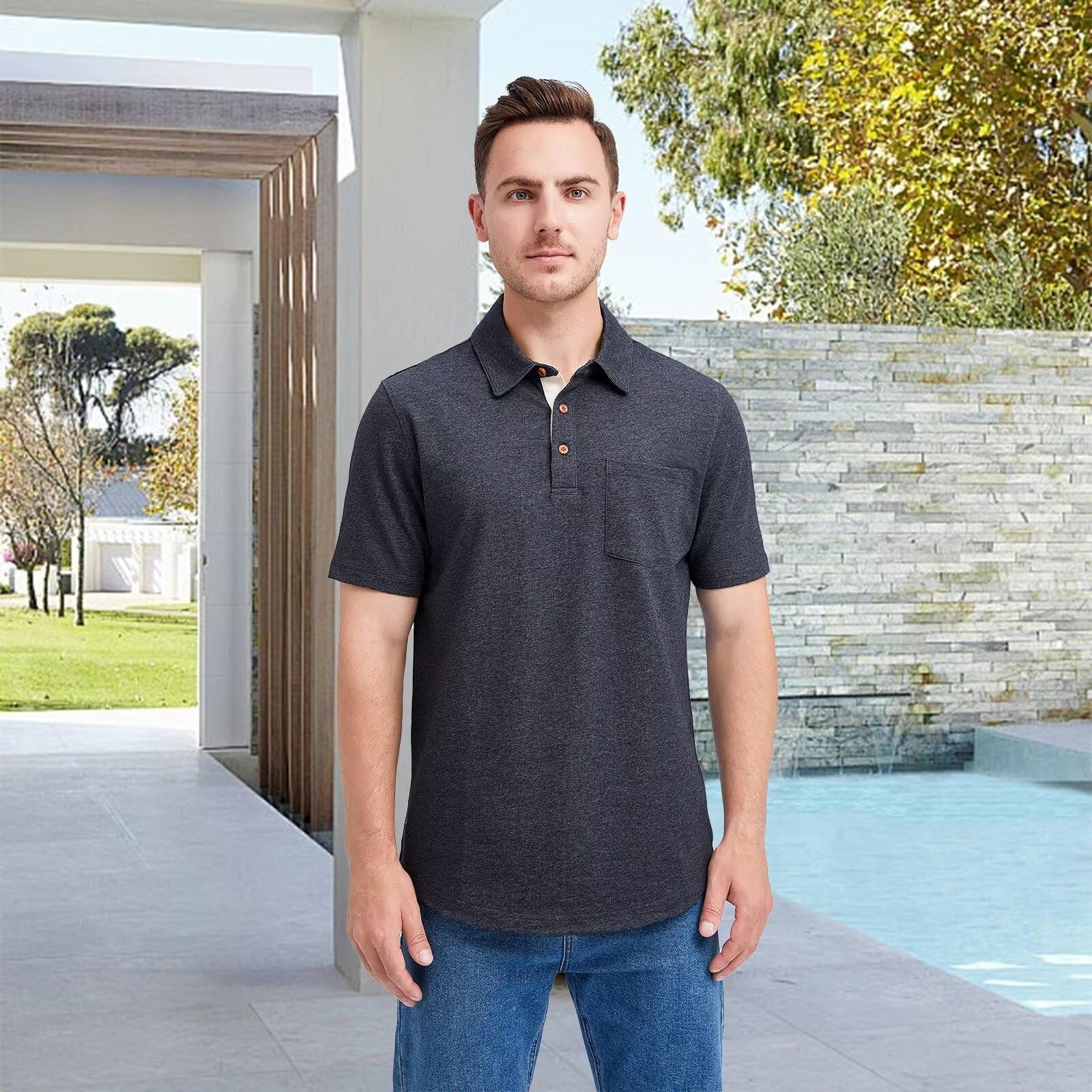 Men's Long & Short Sleeve Polo Shirts - Breathable Cotton Blend Casual Shirt with Pocket & Drop Cut Collar | Perfect for Golf, Office & Everyday Wear
