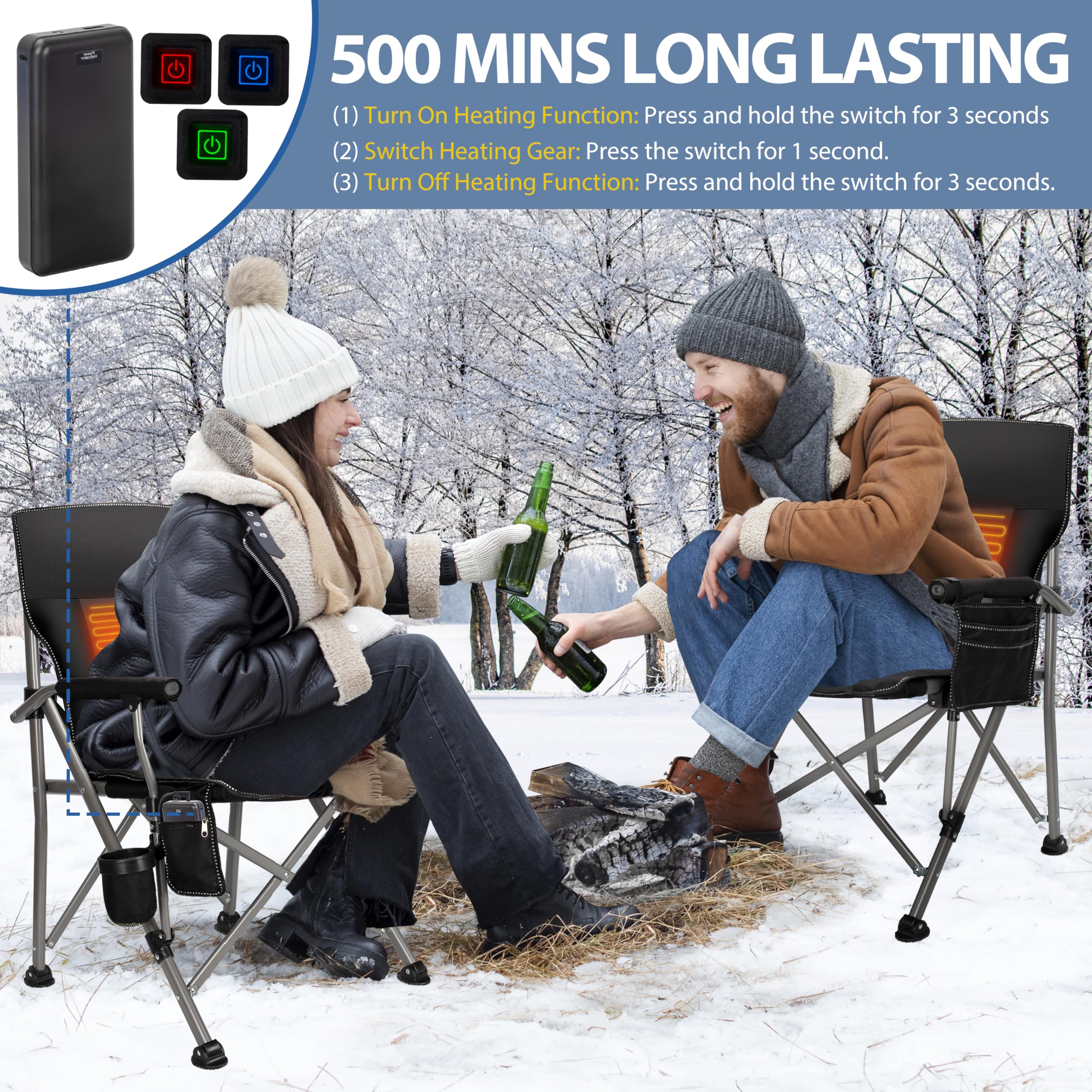 QUYUAN Heated Camping Chair with 20,000mAh Battery - Padded Portable Folding Chair with 500-Minute Heating, 500lb Weight Capacity - Perfect for Camping, Hiking, Hunting, Beach, Picnics & Outdoor Events
