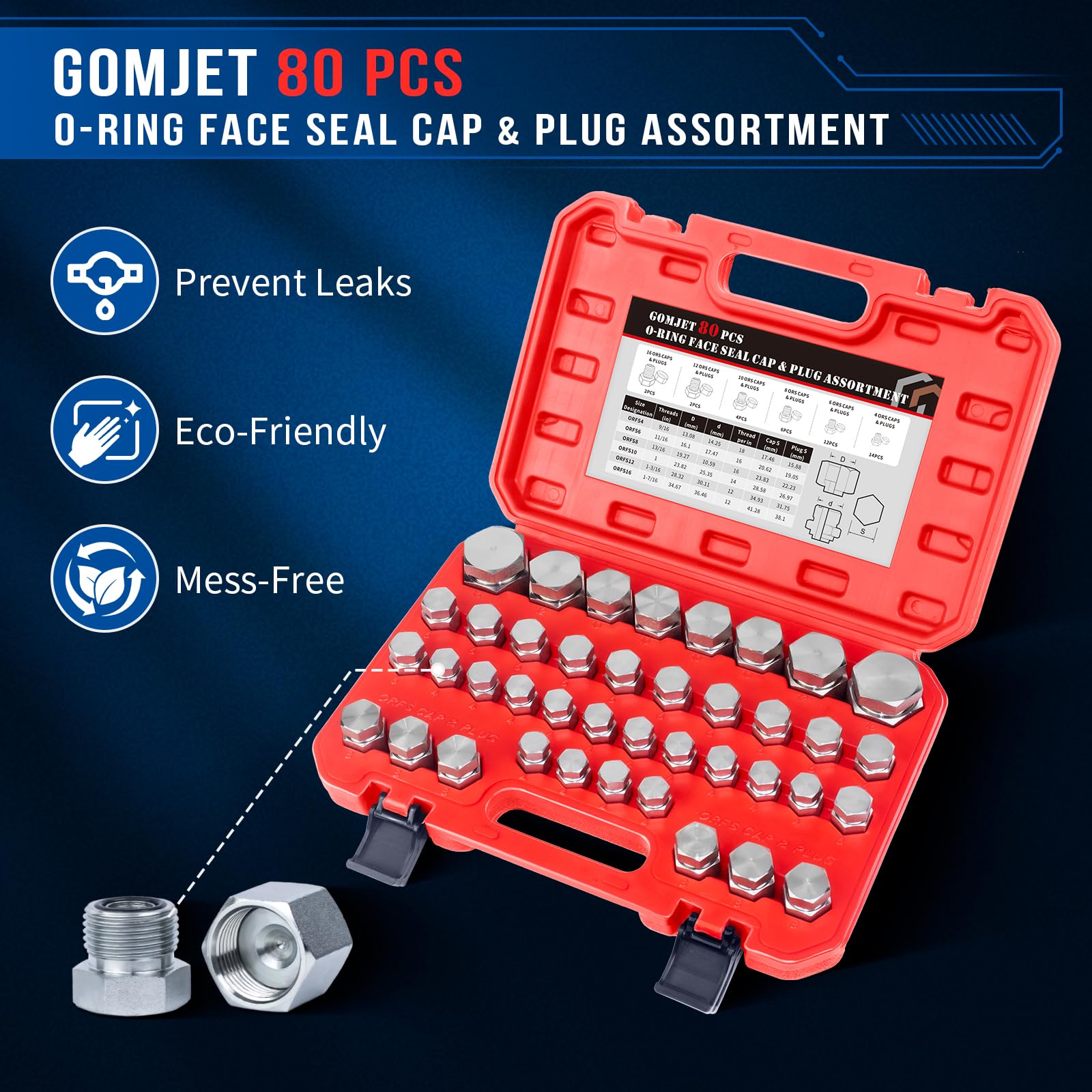 GOMJET 80 PC ORFS Master Industrial Hydraulic Cap and Plug Kit - Precision Threading for Hose, Tube & Pipe Fittings (ORFS & 37° Dash Sizes 4,6,8,10,12,16) - Ideal for Hydraulic System Maintenance, Fluid Line Protection, and Industrial Equipment Repair